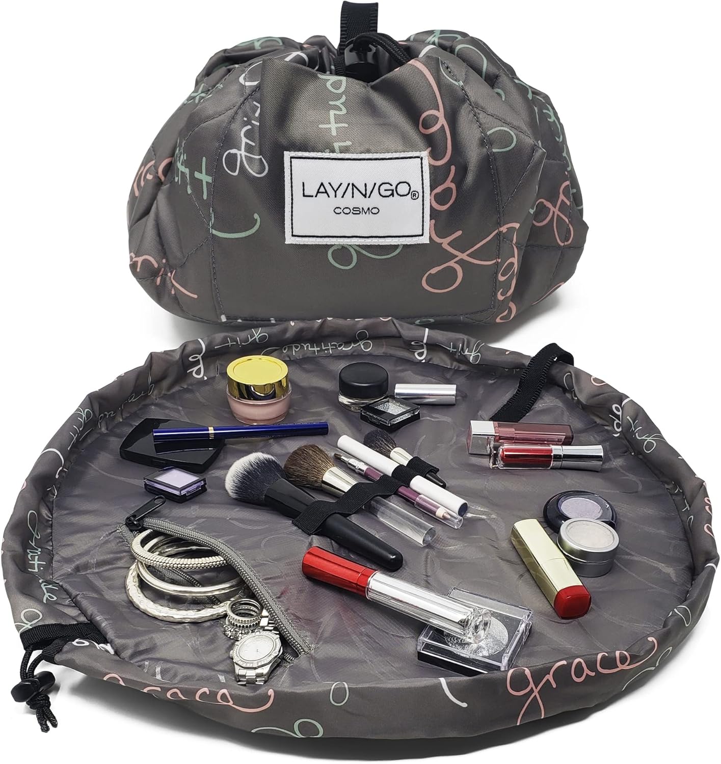 Lay-n-Go Cosmo – Organizador de cosméticos y maquillaje con cordón, bolsa de aseo para viajes, regalos y uso diario, Grit Grace Gratitud