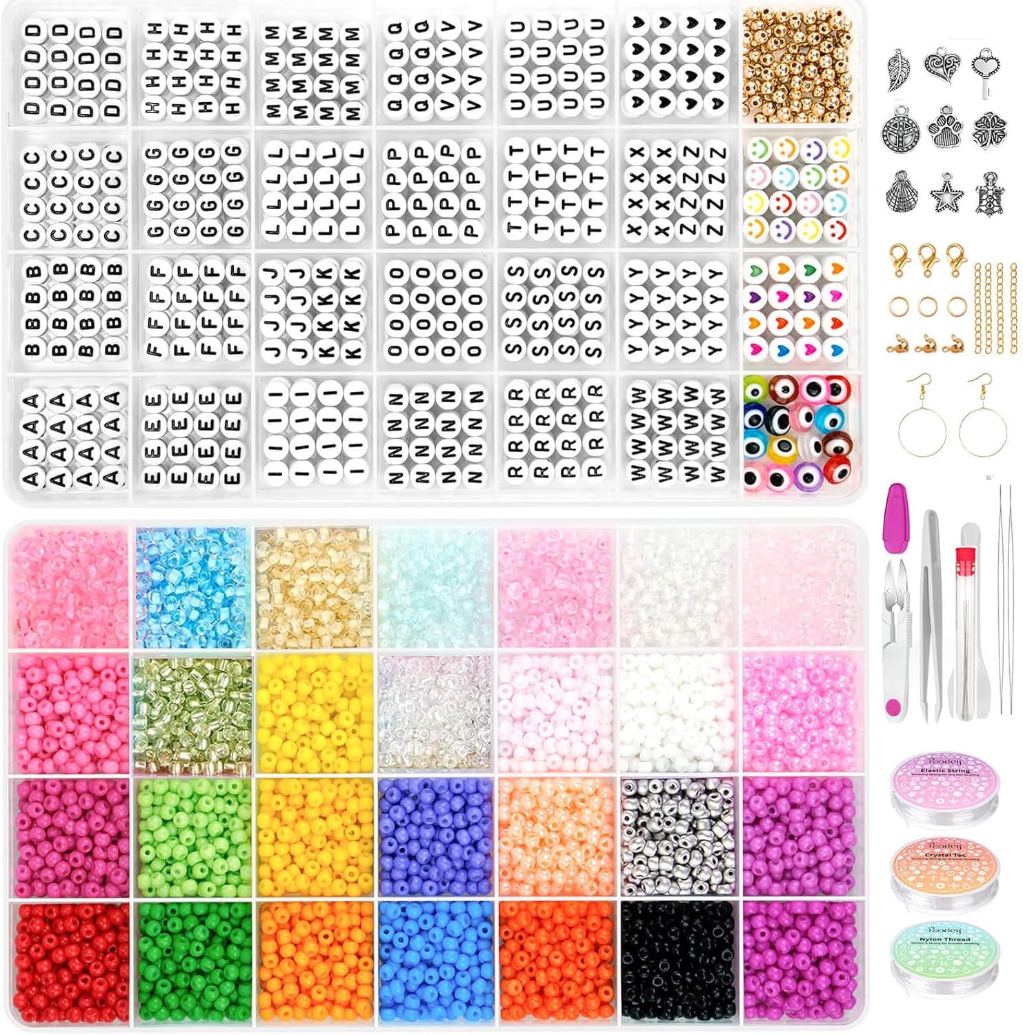 Cuentas de cristal de 0.157 pulgadas, 28 colores, 6500 cuentas de semillas 60 para hacer pulseras, 1000 cuentas de letras, para nombres, pulseras de