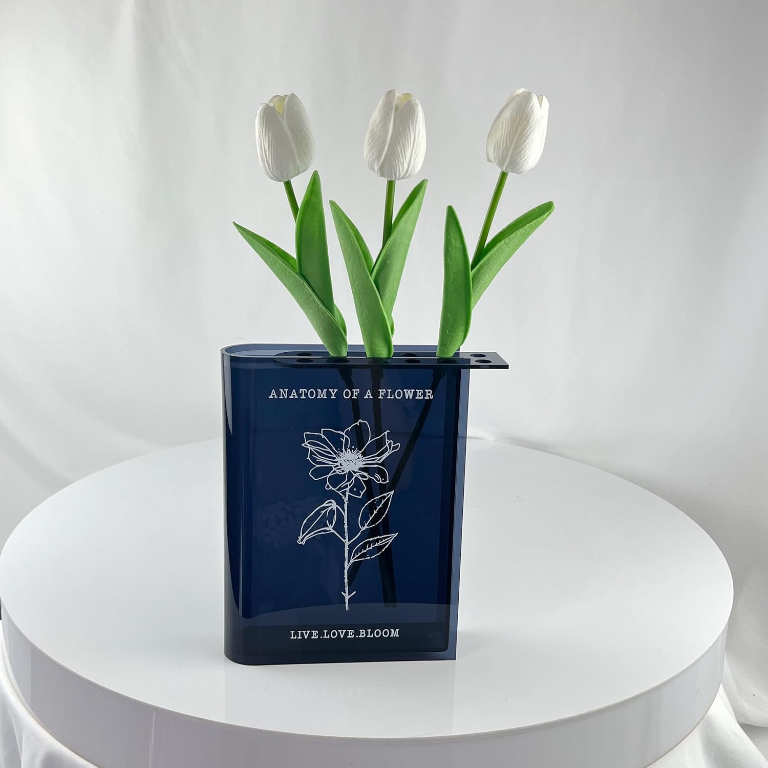 Jarrón transparente para flores, centro de mesa moderno y decorativo para el hogar, anatomía de una flor, Le Marq Design (negro con tallo, soporte