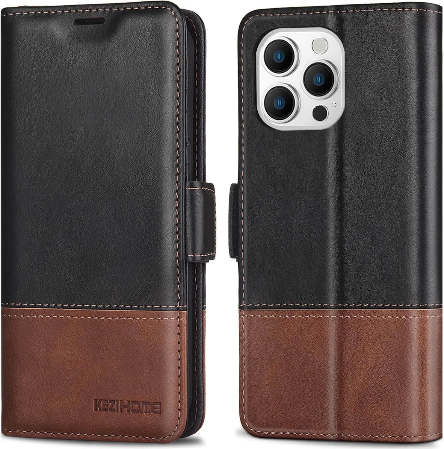 KEZiHOME Funda tipo cartera compatible con iPhone 15 Pro Max, piel auténtica bloqueo RFID para iPhone 15 Pro Max, ranura para tarjetas, soporte
