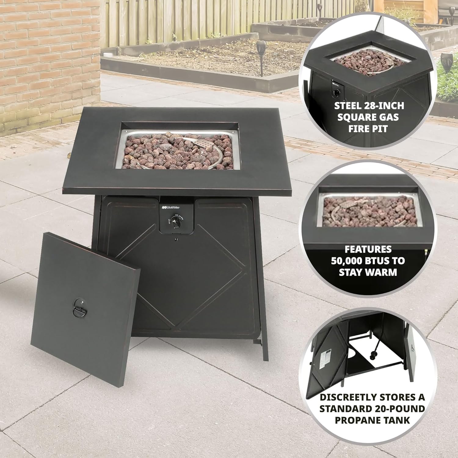 Four Seasons Courtyard Dual Heat – Fogata cuadrada de acero de 28 pulgadas para exteriores, con rocas de lava y tapa de acero, color negro