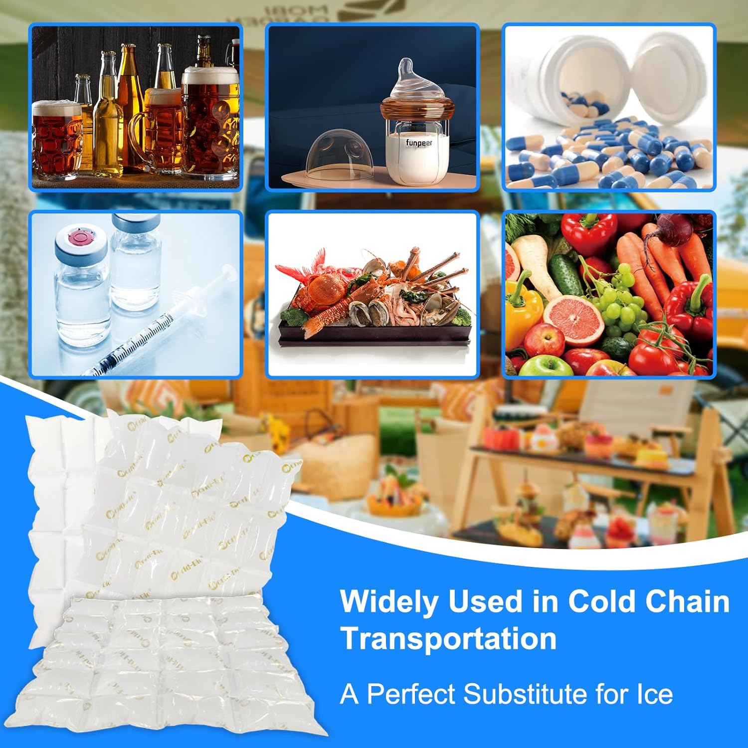 Paquetes de hielo seco para envío de alimentos congelados, paquetes de hielo flexibles para enfriador, paquete de congelador de gel reutilizable y