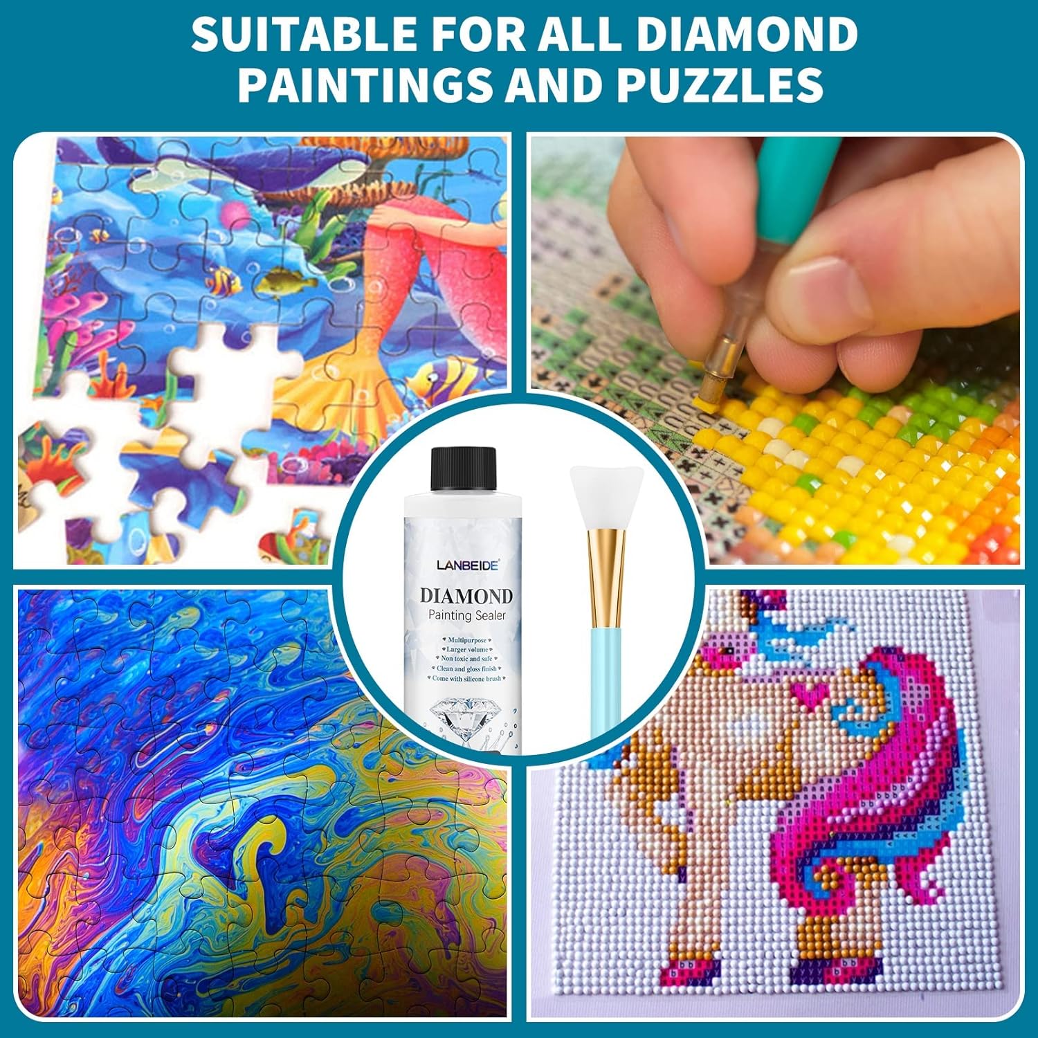 LANBEIDE Sellador de pintura de diamante actualizado de 6.8 fl oz con cepillo de silicona, 3 paquetes, sellador de pegamento de pintura de diamante