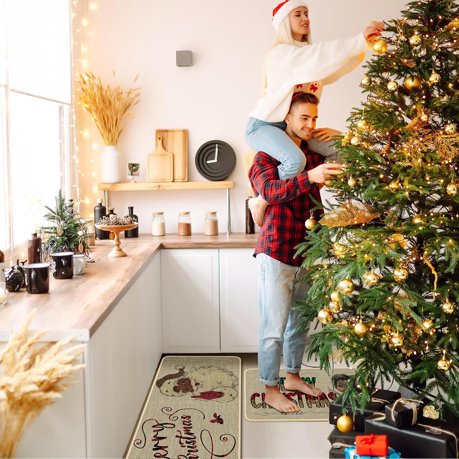 Layhit Juego de 3 alfombras de cocina de Navidad, Papá Noel, afroamericano, Papá Noel, tapete de cocina de Papá Noel afroamericano, Feliz Navidad,