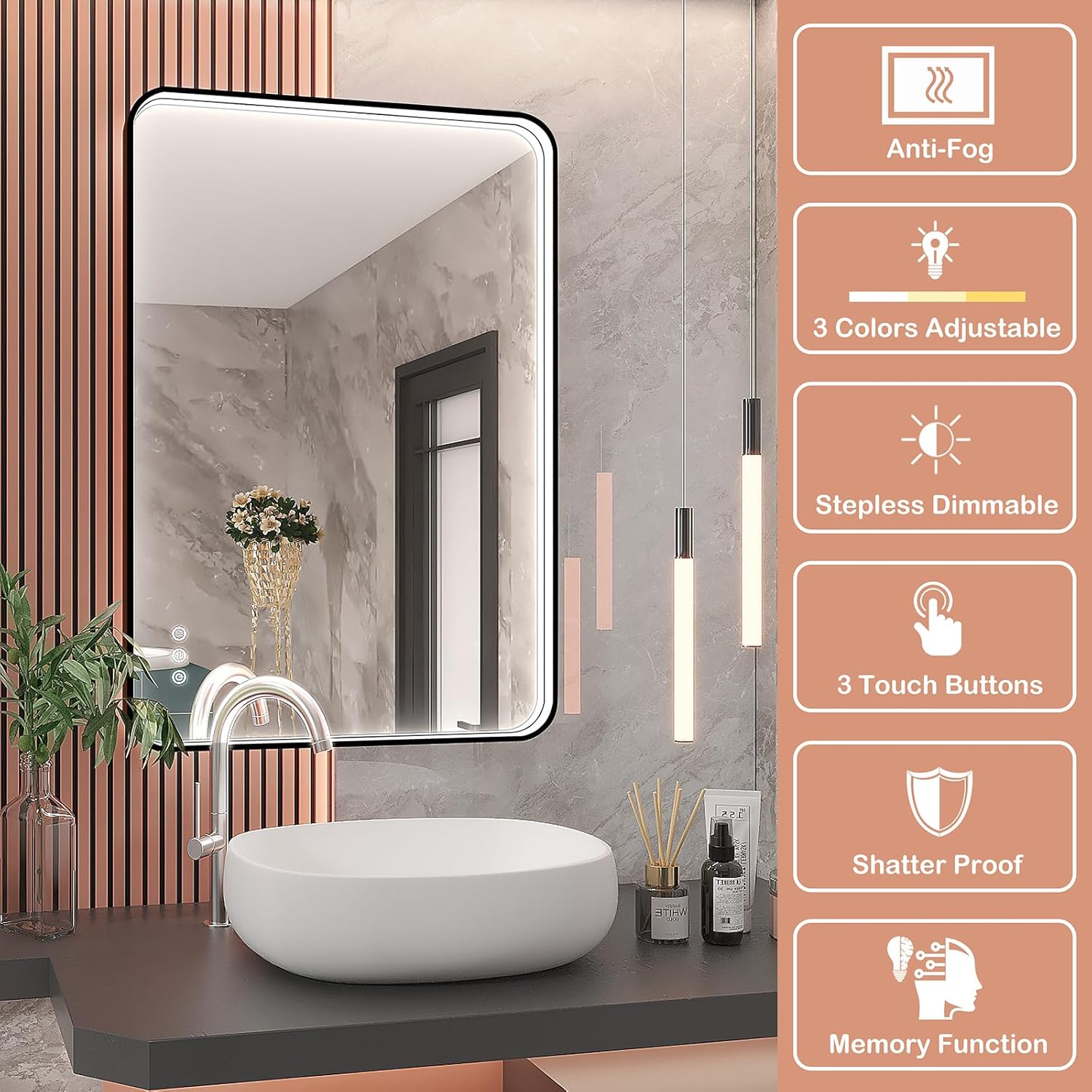 Espejo de baño LED de 24 x 36 pulgadas con luces, espejo de tocador de baño iluminado para pared con marco de metal de aleación de aluminio negro,