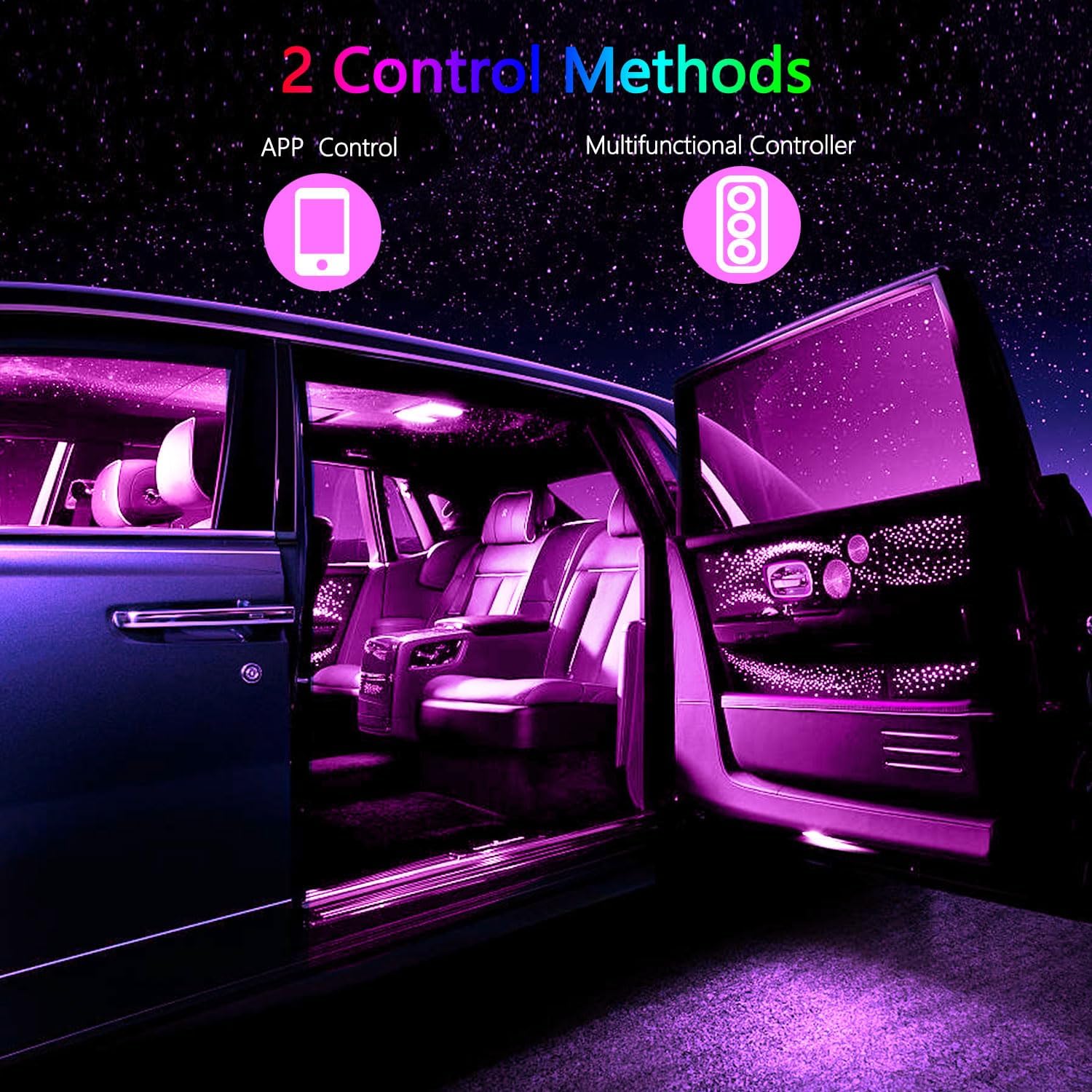 Nueva actualizaciónTira de luces LED para interior de automóvil, aplicación de luz LED RGB para interior de automóvil y control remoto, modo de