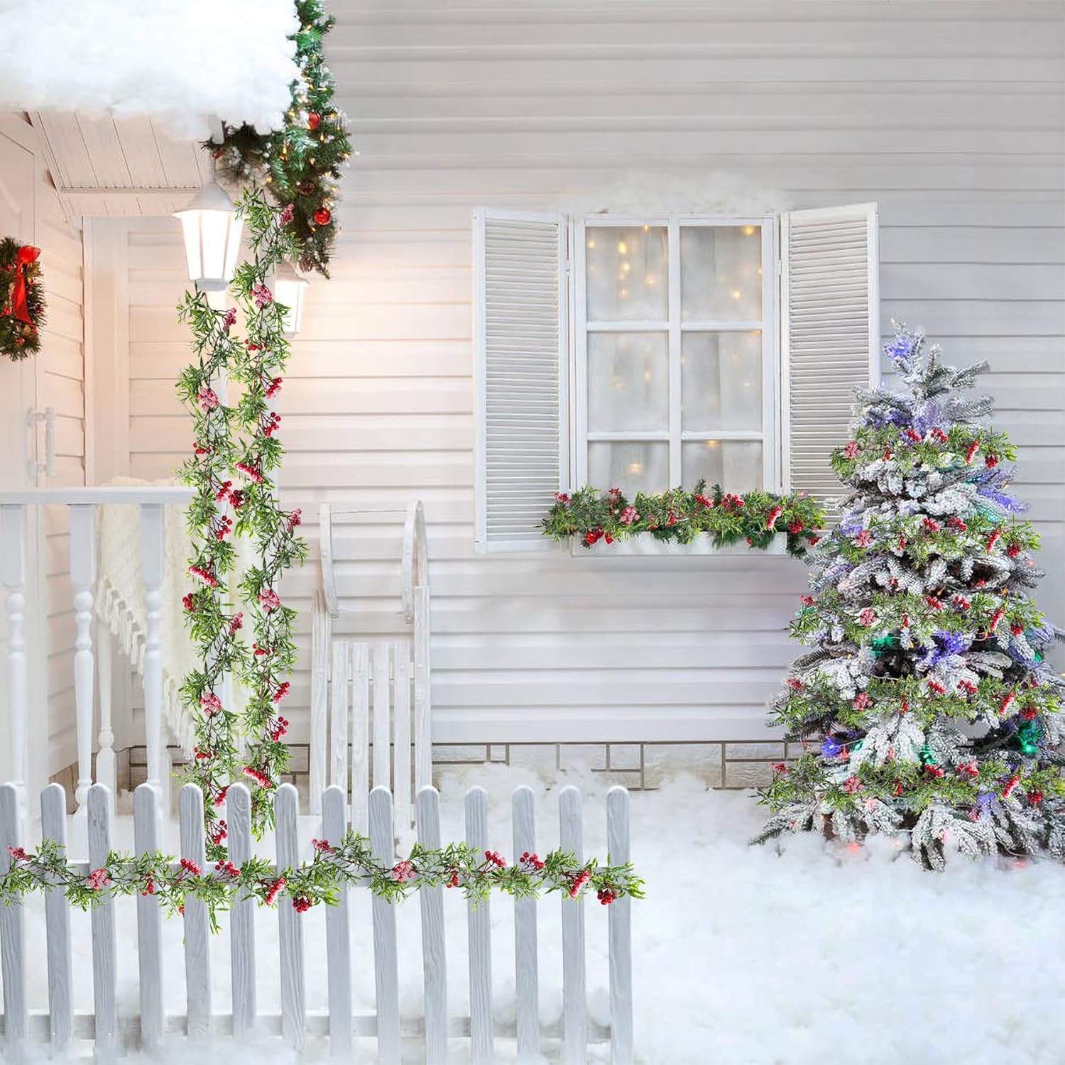 Guirnalda de luces artificiales de Navidad de 5.9 pies con 162 bayas rojas nevadas, 55 hojas verdes, 20 luces LED, funciona con pilas para