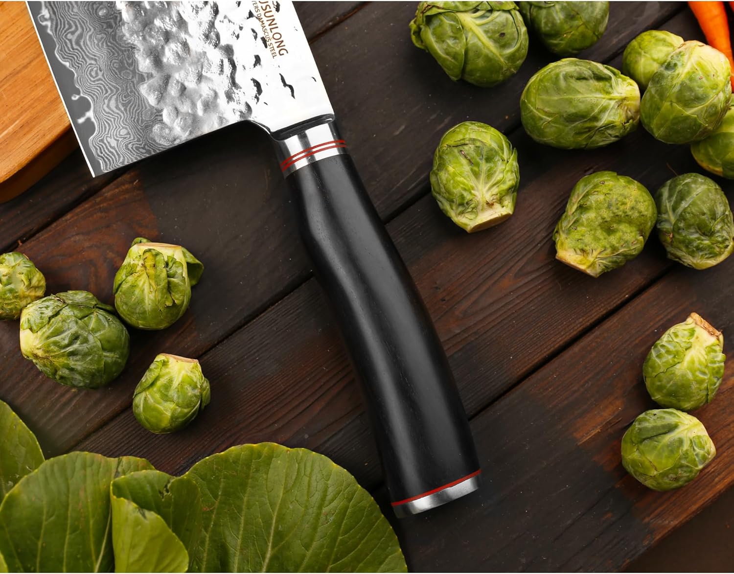YOUSUNLONG Carne Cleaver – Cuchillo chino para verduras de 7 pulgadas, acero de damasco martillado japonés, mango de madera de plomo natural