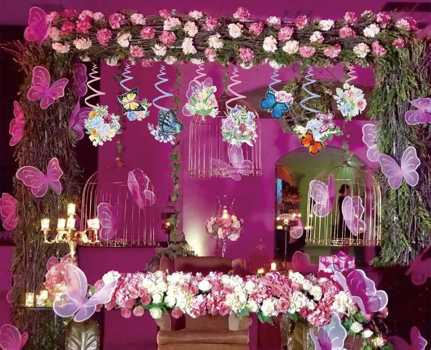 30 piezas de espirales colgantes de mariposas, decoraciones de fiesta de mariposas, remolinos colgantes de flores, decoraciones de serpentinas de