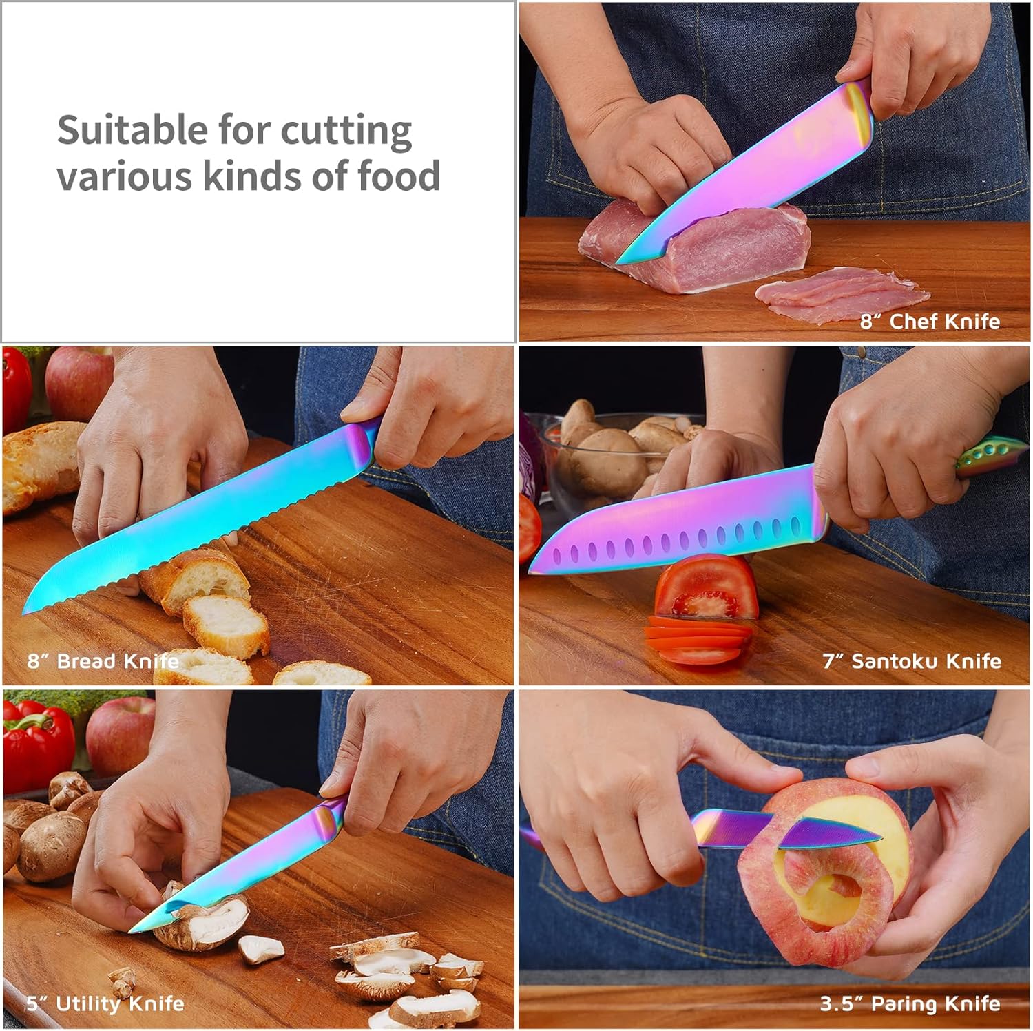 Hollory Rainbow – Juego de cuchillos de cocina de 5 piezas, hoja de acero inoxidable alemán súper afilada con chef de 8 pulgadas, pan de 8 pulgadas,