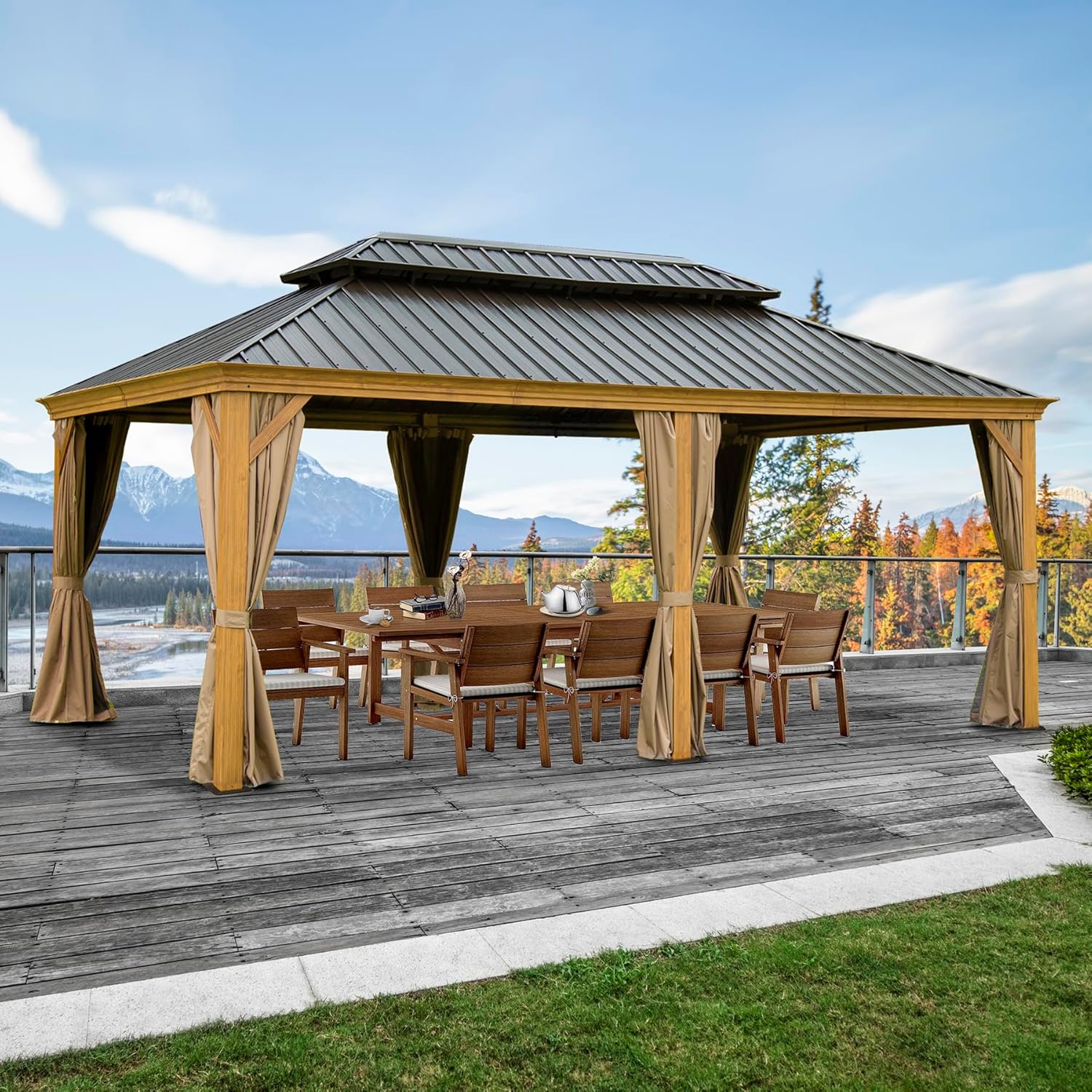 Domi Outdoor Living Cenador de techo rígido de 14 x 20 pies, toldo con marco de aluminio recubierto de madera con doble techo de acero galvanizado,