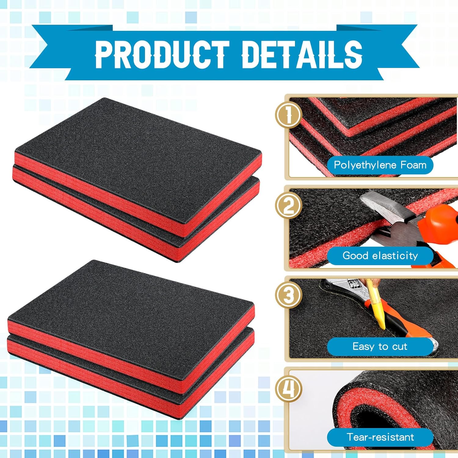 4 almohadillas de espuma de poliuretano cortables para manualidades, caja de herramientas de color negro, inserto de espuma para estuches, relleno