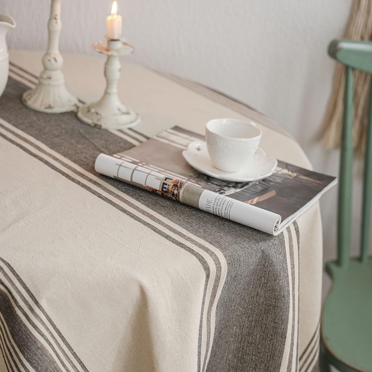 ArtBud Mantel de lino de algodón de arpillera marrón, mantel de granja a rayas, cubierta de mesa de picnic de tela pesada, decoración de cocina