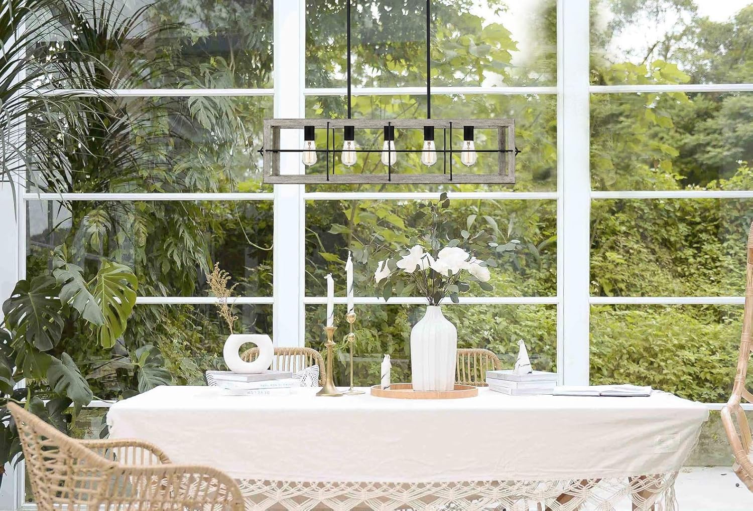 Amos Modern Farmhouse – Lámpara de isla de 5 luces con pantalla de madera clara pintada a mano para comedor, cocina en costa, granja, industrial,