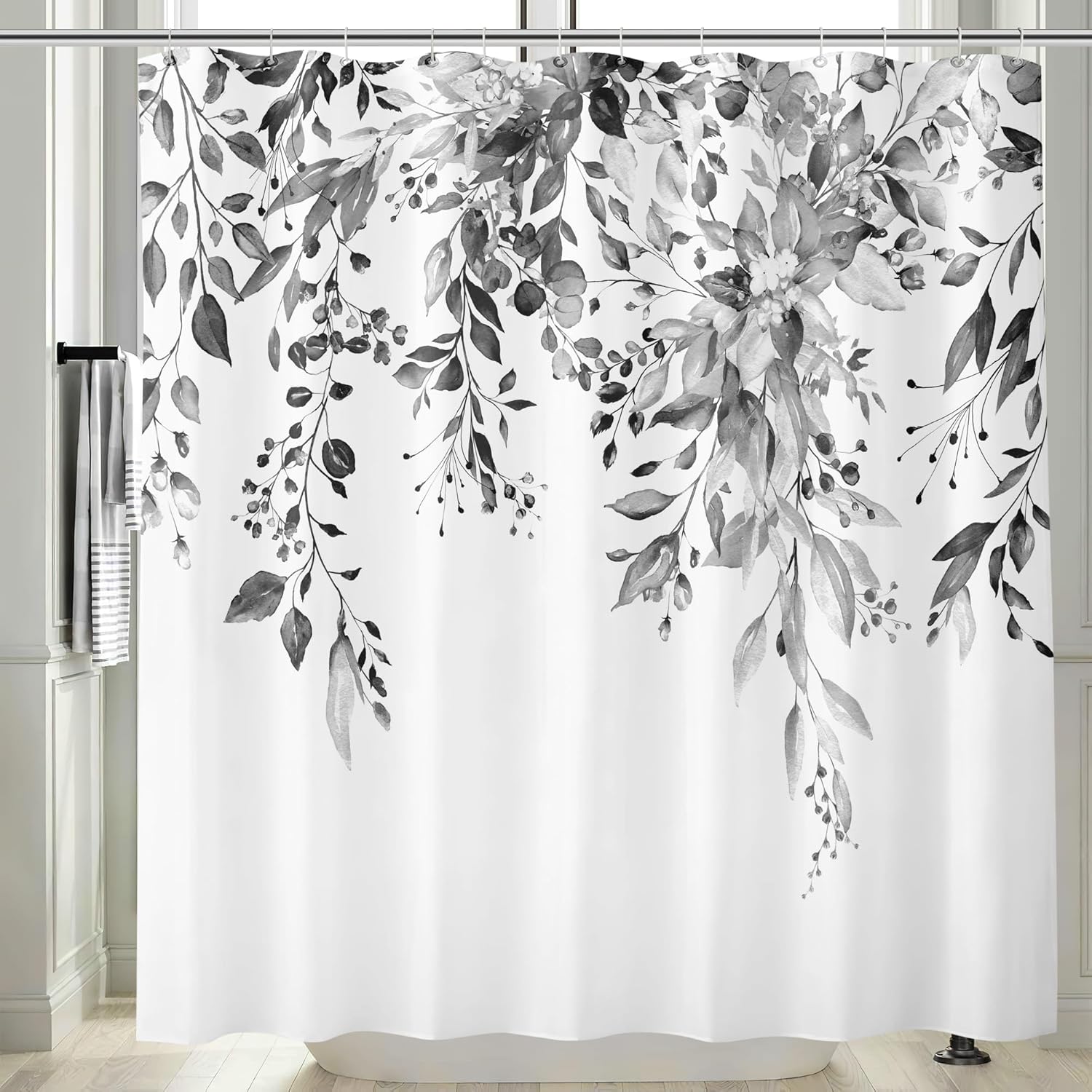 BIVINAR Cortina de ducha de hojas de eucalipto en blanco y negro, cortina de ducha de baño con plantas de acuarela, cortina de ducha botánica