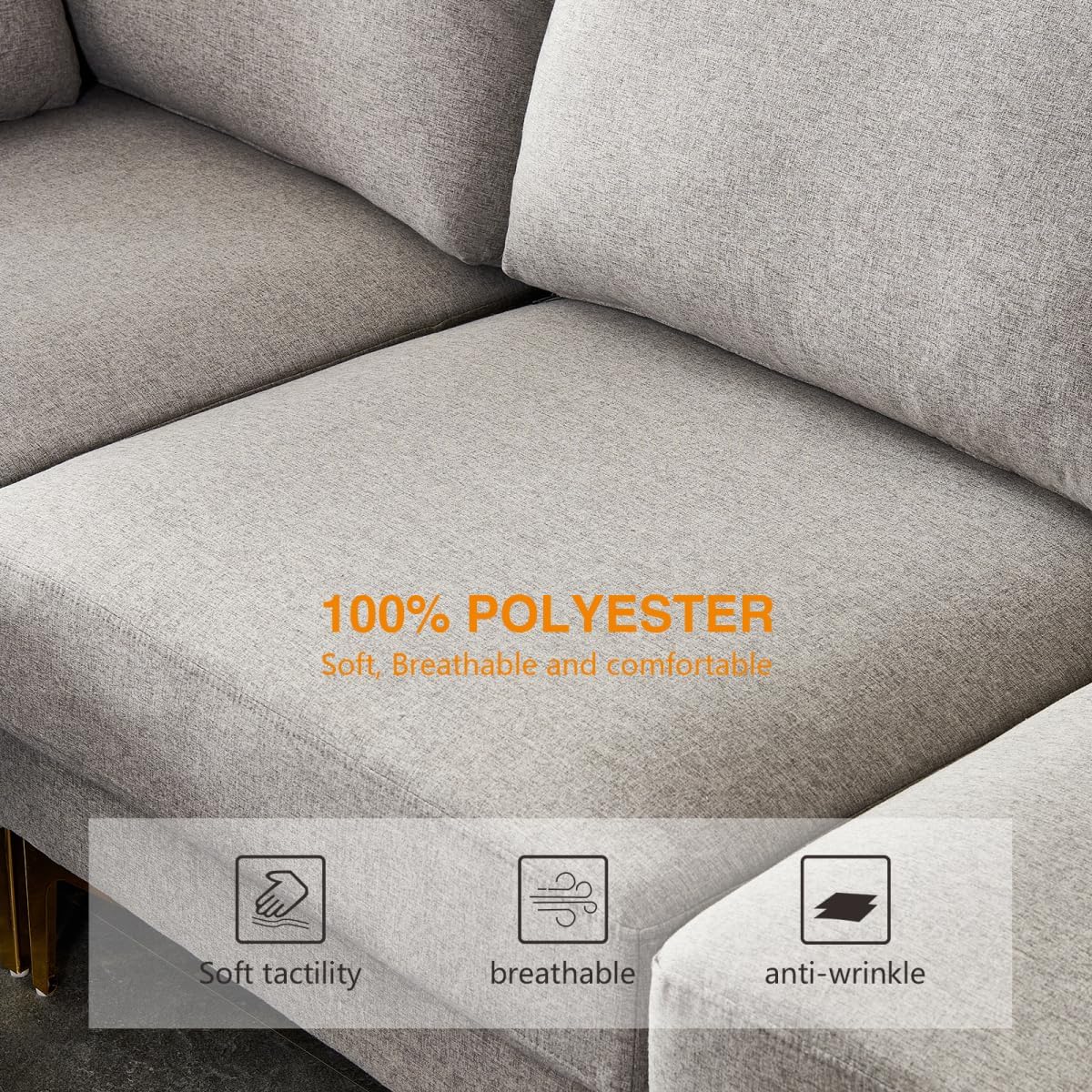 Sofá modular de 3 piezas con reposapiés otomano, sofá modular convertible a 3 plazas o sofá biplaza y sillón, patas doradas y 2 almohadas, gris claro