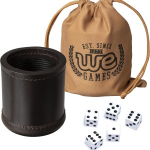 WE Games Juego de tazas profesionales hechas a mano de cuero marrón oscuro, 5 dados y bolsa de transporte de tela WE Games Juego de tazas profesionales hechas a mano de cuero marrón oscuro, 5 dados y bolsa de transporte de tela