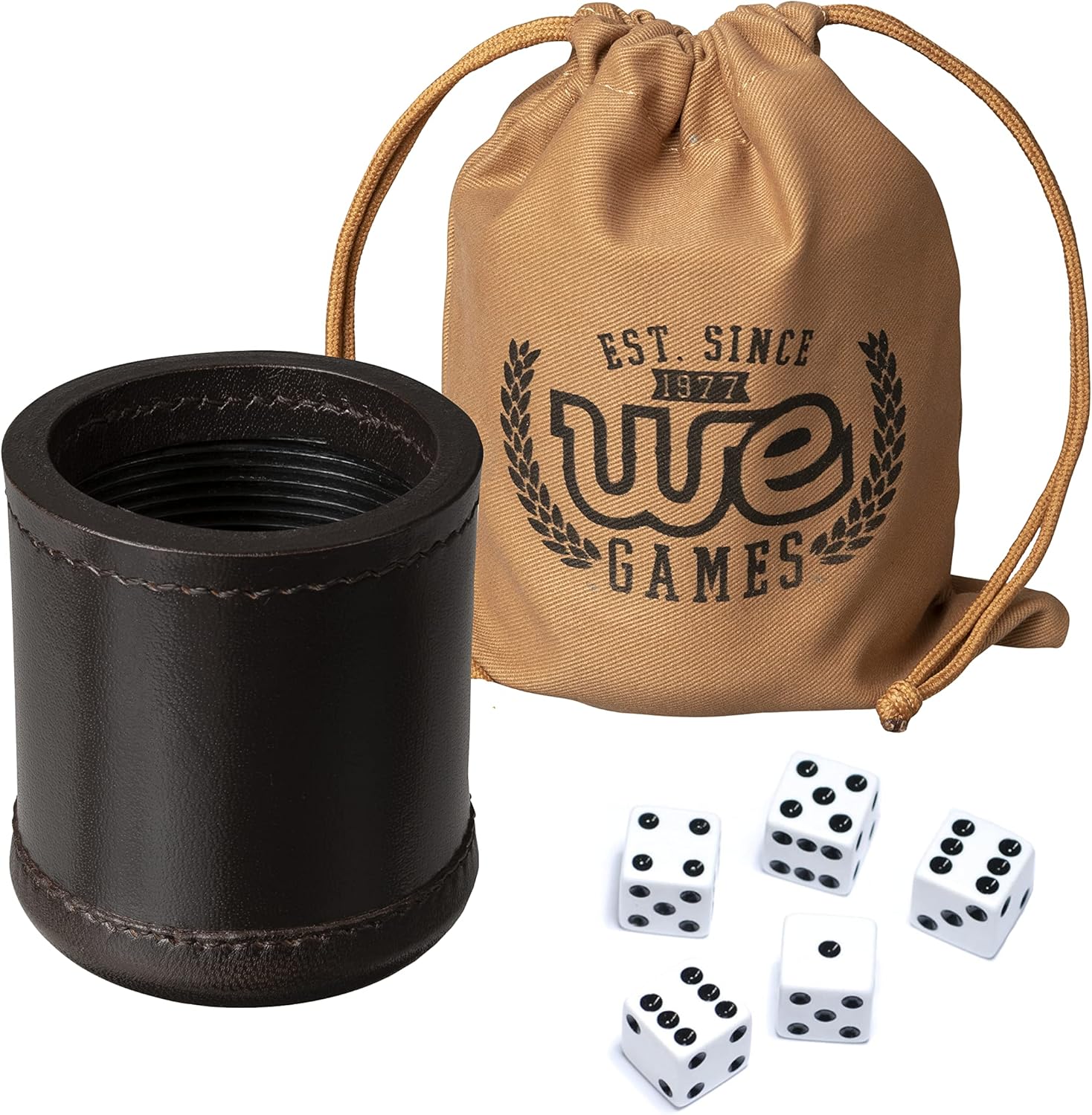 WE Games Juego de tazas profesionales hechas a mano de cuero marrón oscuro, 5 dados y bolsa de transporte de tela