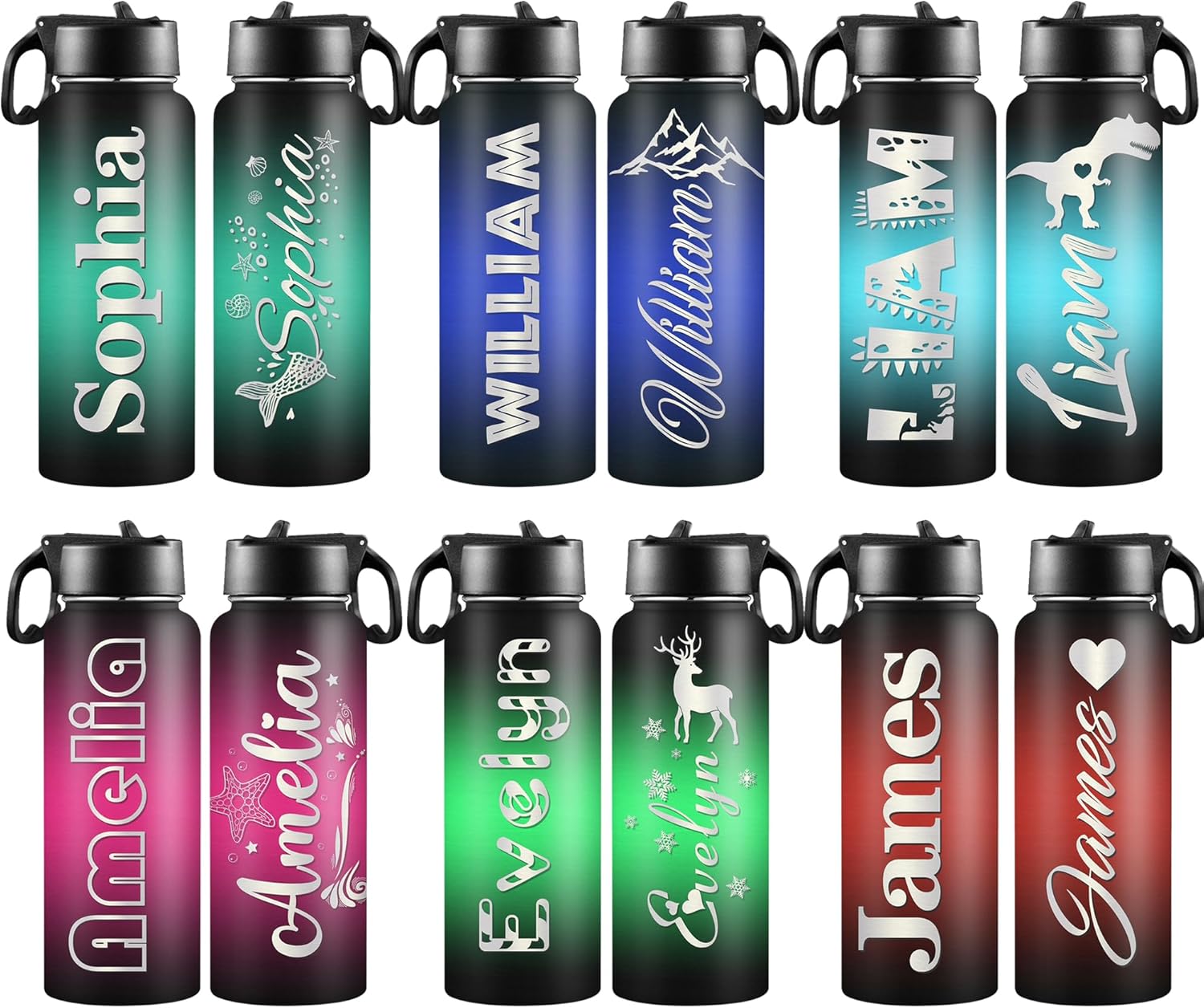 Botellas de agua personalizadas con nombre, botella de agua de acero inoxidable con aislamiento de doble cara con pajilla, termo personalizado,