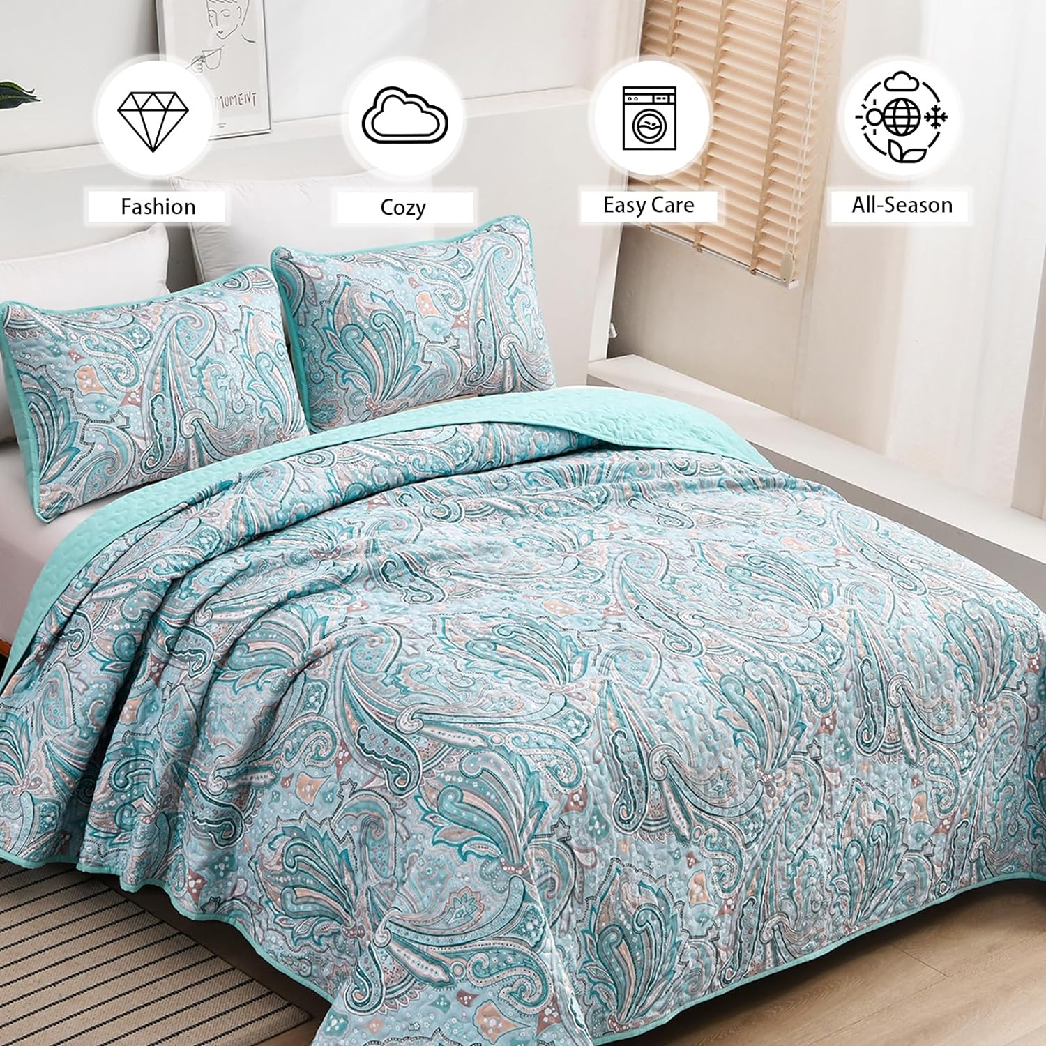 DJY Juego de edredón de cachemira azul, tamaño King, juego de colcha bohemia de 3 piezas, microfibra suave y ligera, ropa de cama con estampado