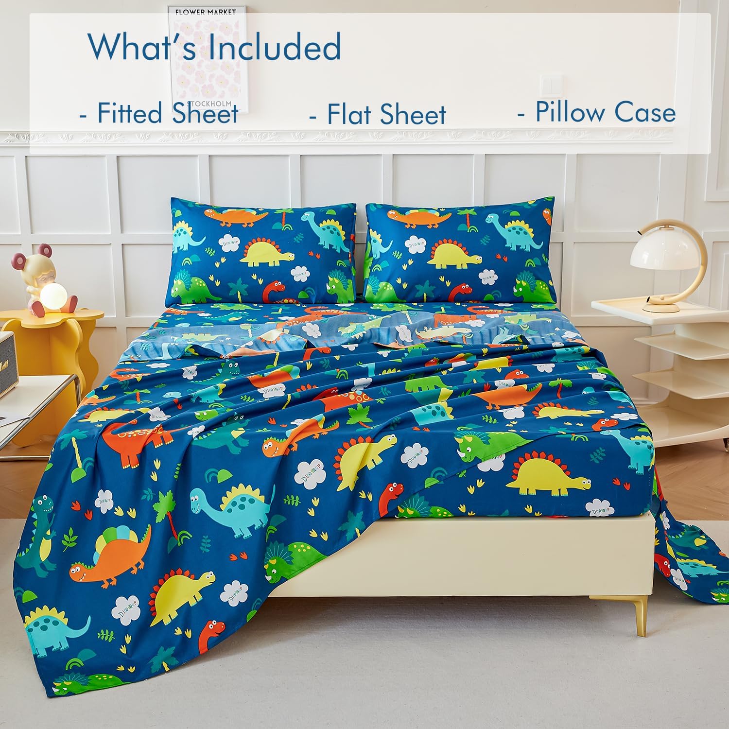 WINLIFE Juego de sábanas de dinosaurio individual para niños, 3 piezas, sábanas de microfibra suave y acogedoras tamaño individual – Sábanas de