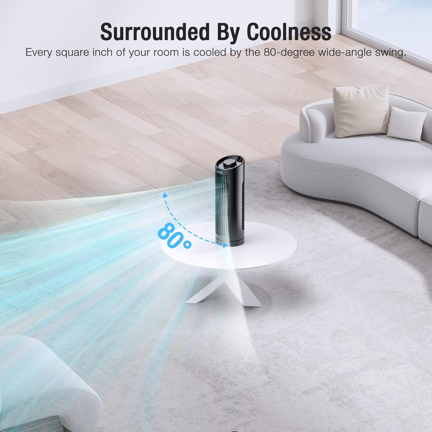 VCK Ventilador de torre, ventilador oscilante de 80 con 3 velocidades, enfriamiento rápido, funcionamiento silencioso, ventilador de escritorio