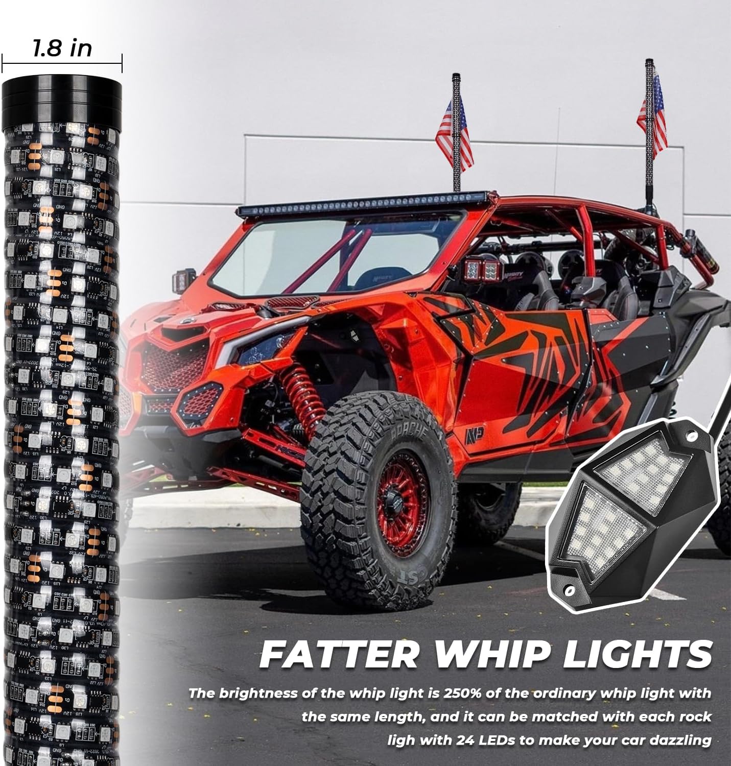Kit de 2 luces de látigo gordo de 2 pies y 8 cápsulas RGB de luces de roca con Bluetooth y control remoto en espiral de 360  con antena iluminada LED