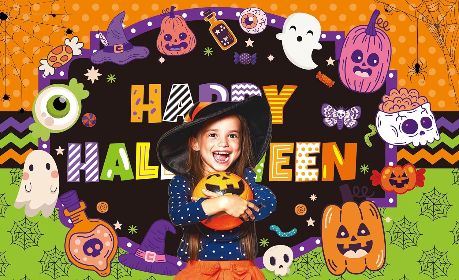 Masxkle Fondo de Halloween con texto en inglés “Trick or Treat”, calabaza, fantasma, sombrero mágico, calavera, fondo de fotografía, caricatura,