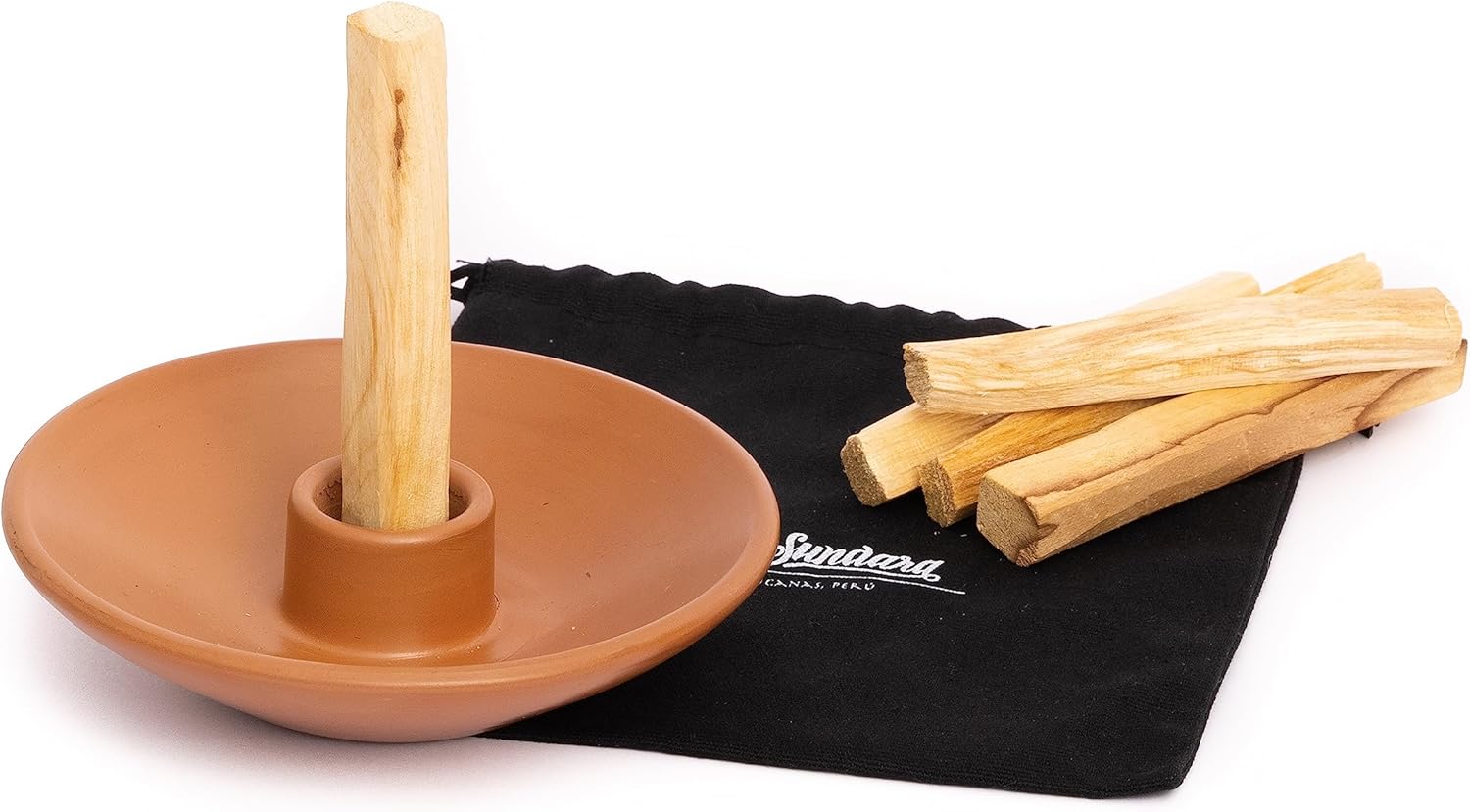Luna Sundara Auténtico soporte para palitos de Palo Santo de cerámica de Perú y soporte para incienso, incluye 5 palitos de Palo Santo hechos a