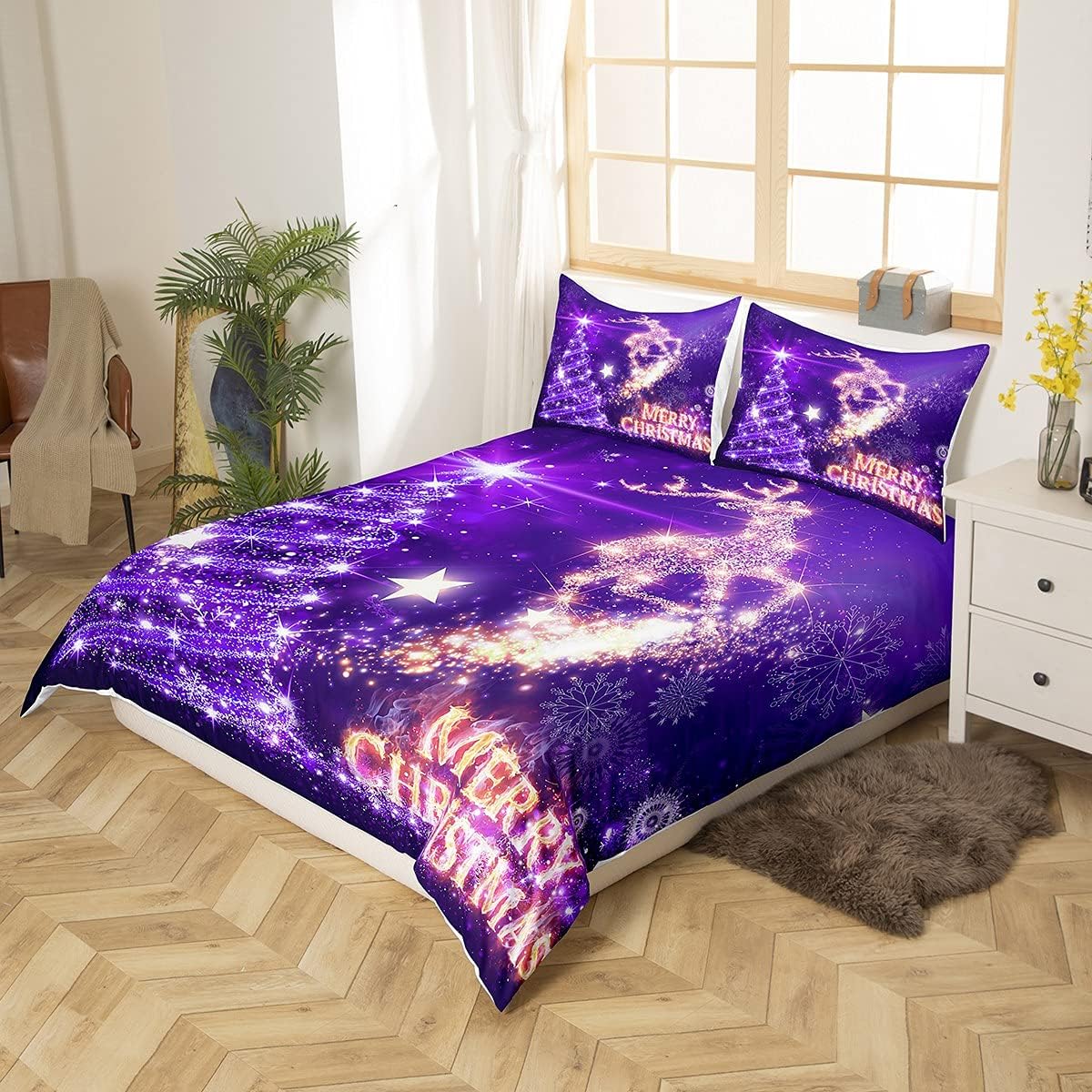 Juego de funda de edredón de Navidad, árbol de Navidad, estampado de ciervos, juego de funda de edredón de Navidad, juego de funda de edredón