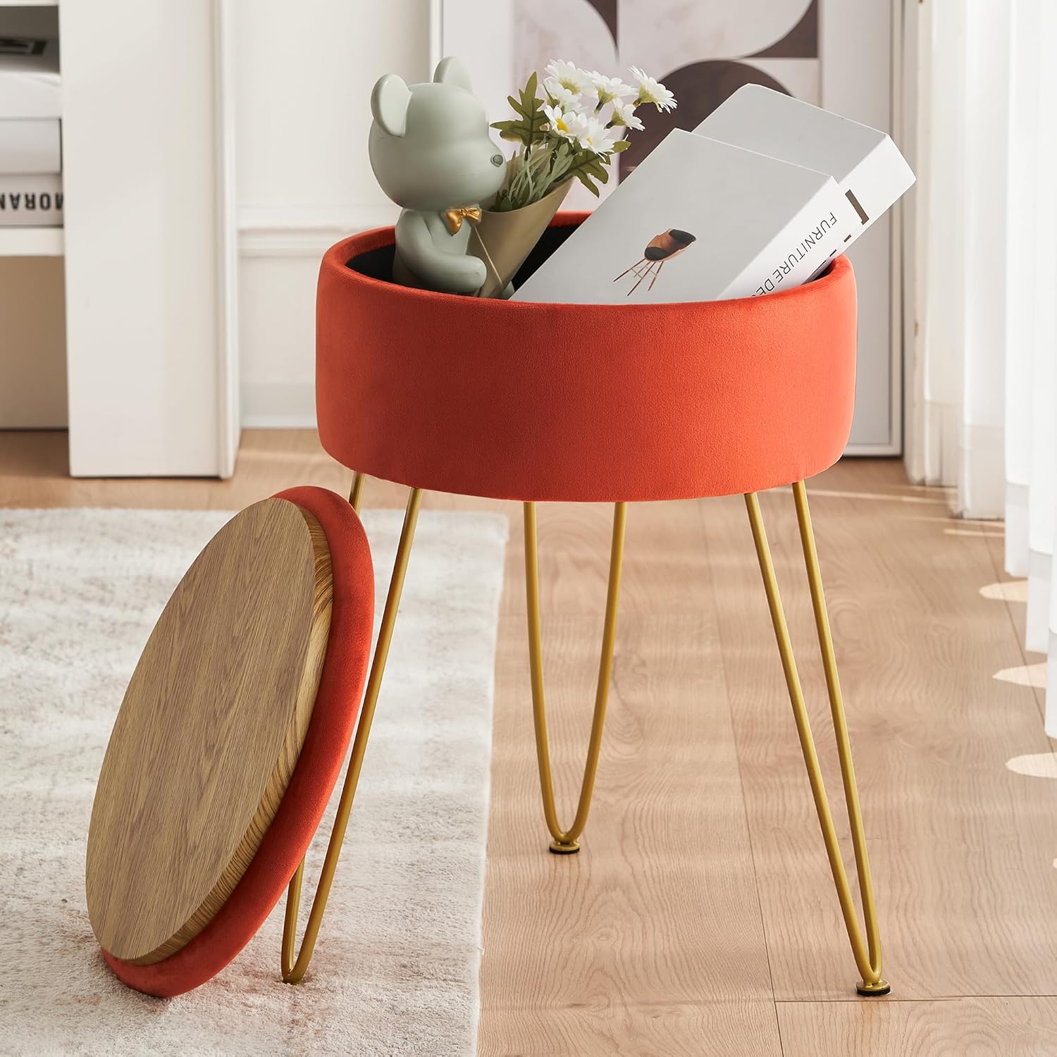 LUE BONA Taburete de terciopelo para sala de maquillaje, otomana de almacenamiento redondo, taburete para tocador con patas doradas, silla de