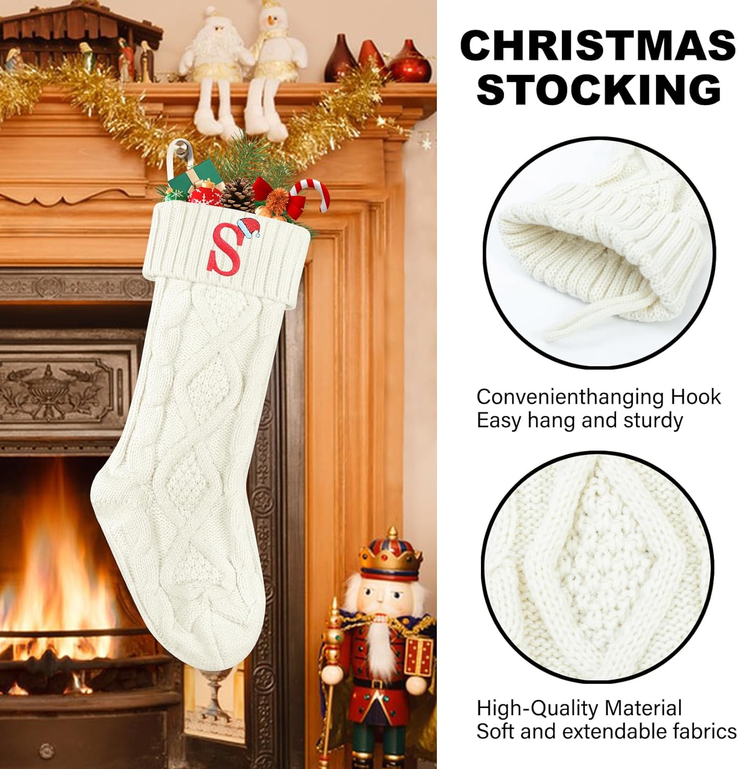 Monograma personalizado de calcetín de Navidad, calcetines de Navidad de punto blanco grande (R)