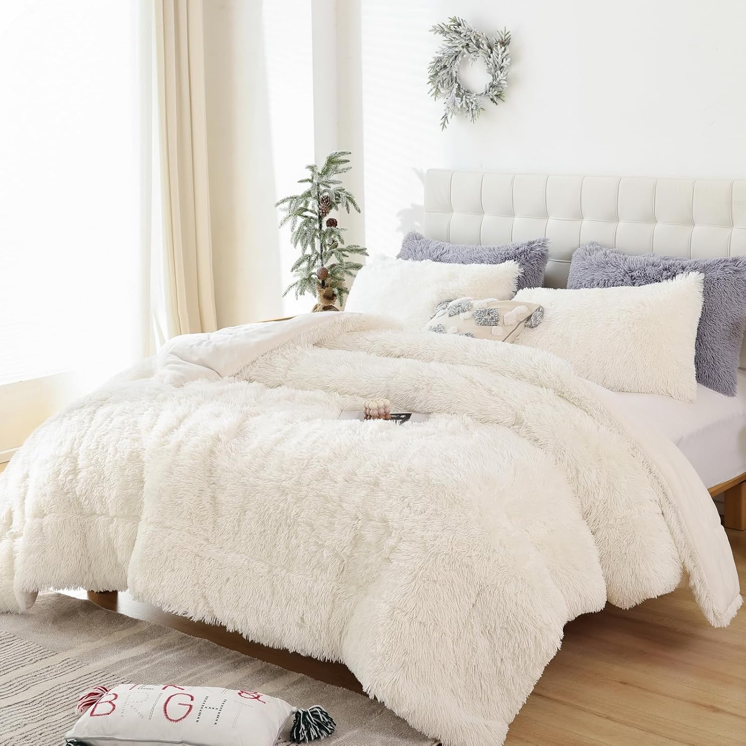 Smoofy Juego de edredón de pelo sintético beige, tamaño Queen, 3 piezas, juego de edredón de felpa mullida y mullida, bonito juego de ropa de cama