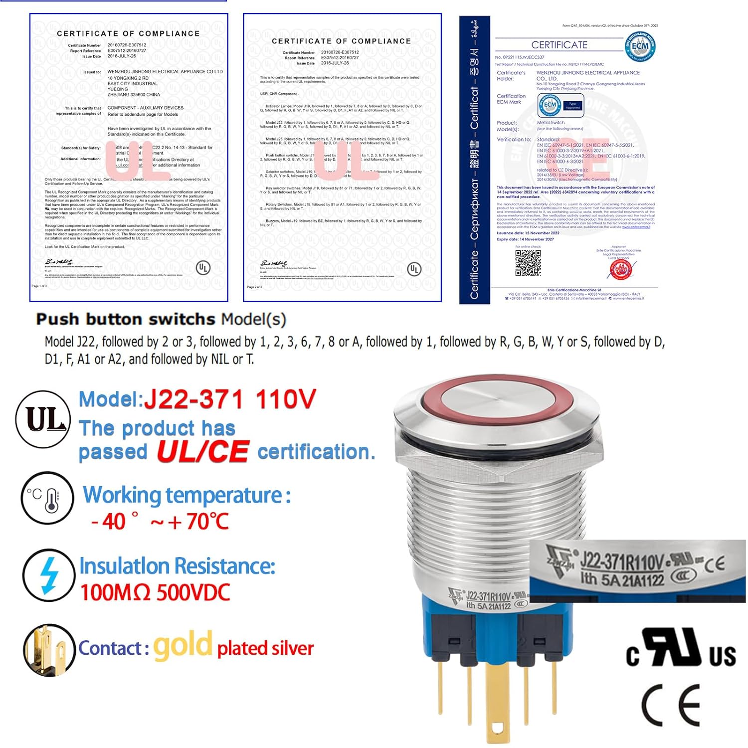 ZJWZJH Interruptor de botón de 0.866 in, 78 pulgadas, con pestillo, 110 V, 120 V, CA, orificio de montaje 1NO 1NC SPDT para encendido y apagado,