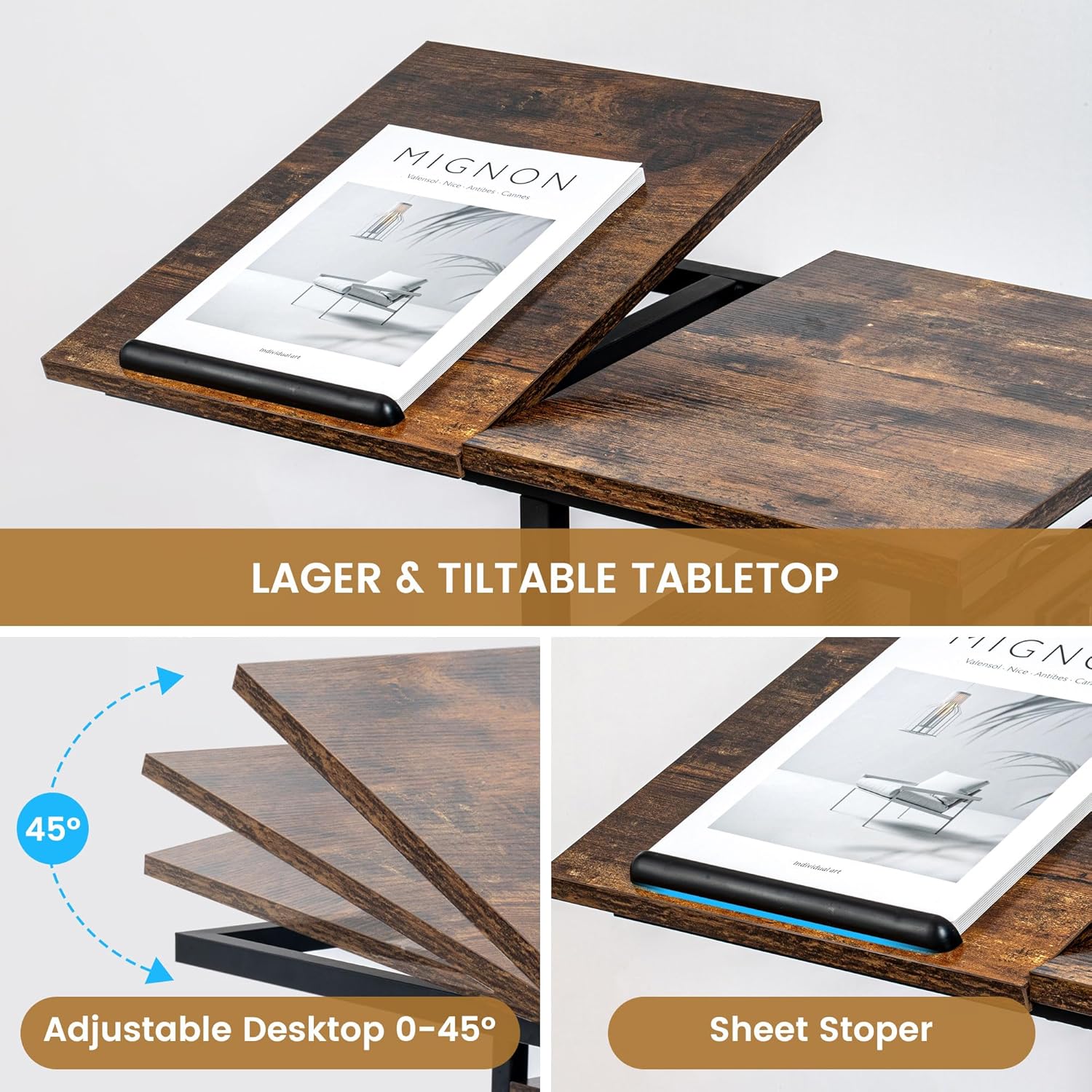 End Table C Shape with Charge Station, Tilting Top Side Table with Magazine Holder and Lockable Wheels, Easy Assembly for Living Room, Bedroom,