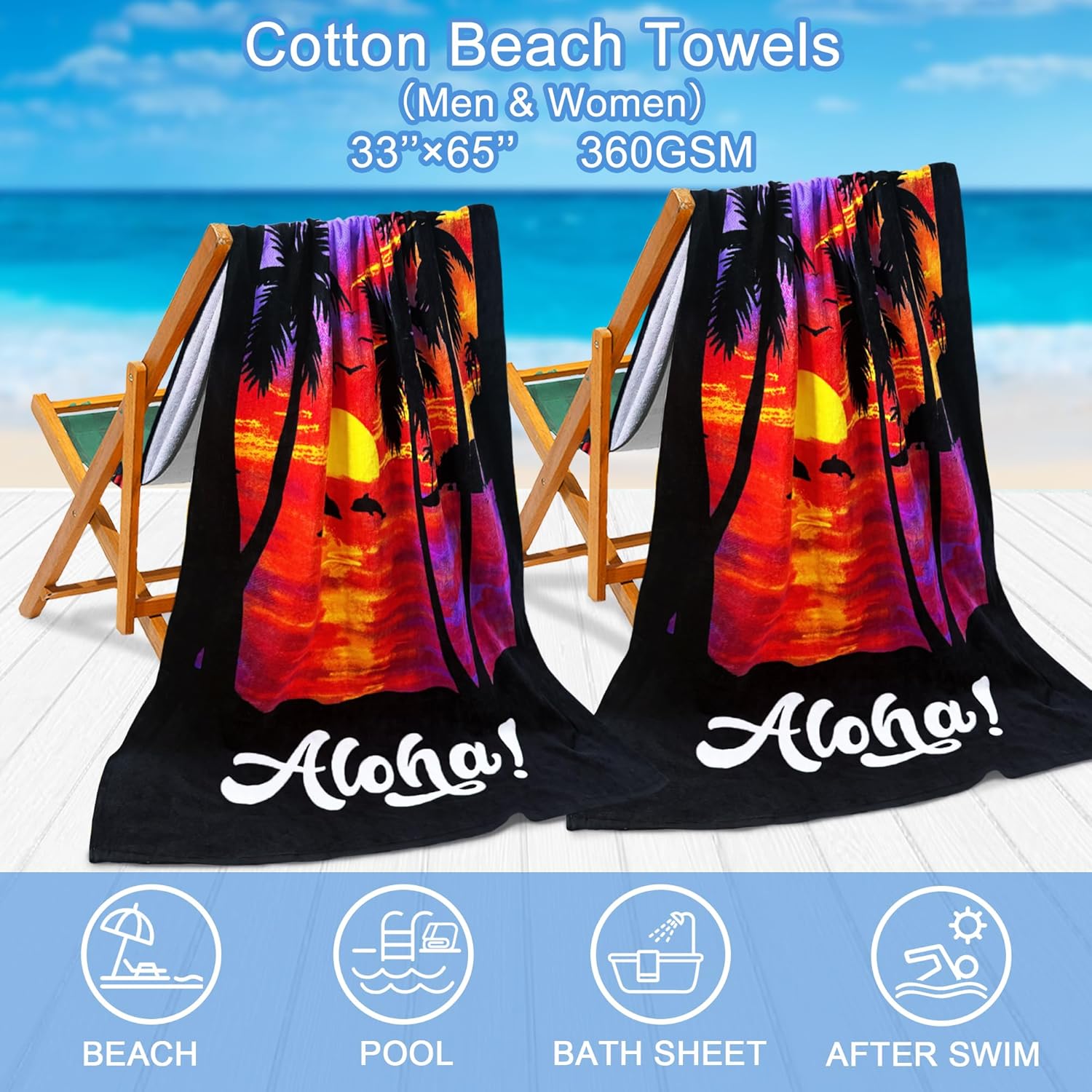 VOOVA & MOVAS Paquete de 2 toallas de playa, 33 x 65 pulgadas, 100% algodón, toallas de piscina ligeras para hombres y mujeres, toallas de natación