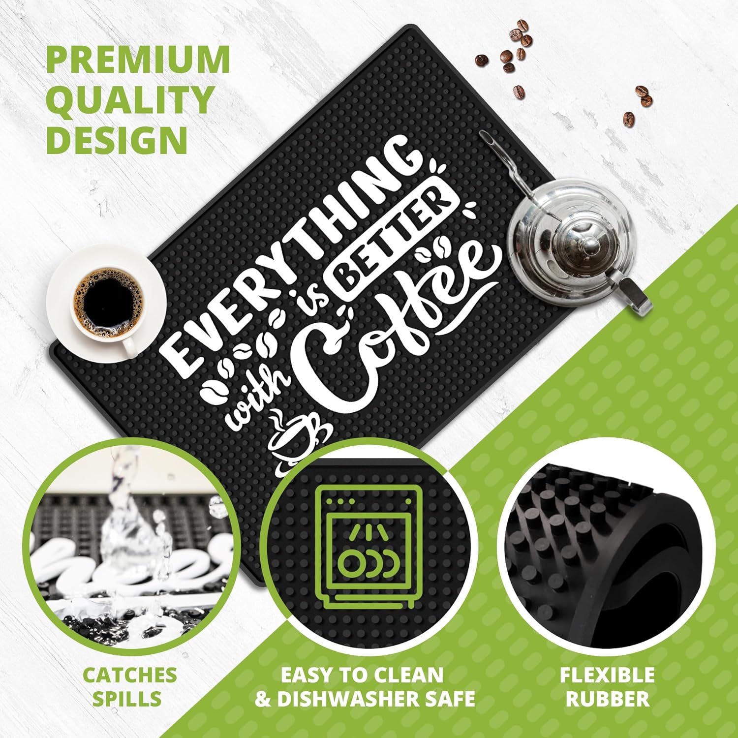 Tapete para barra de café (18 x 12 pulgadas), silicona absorbente y antideslizante, perfecto para cafeteras, máquinas de café expreso y encimeras,