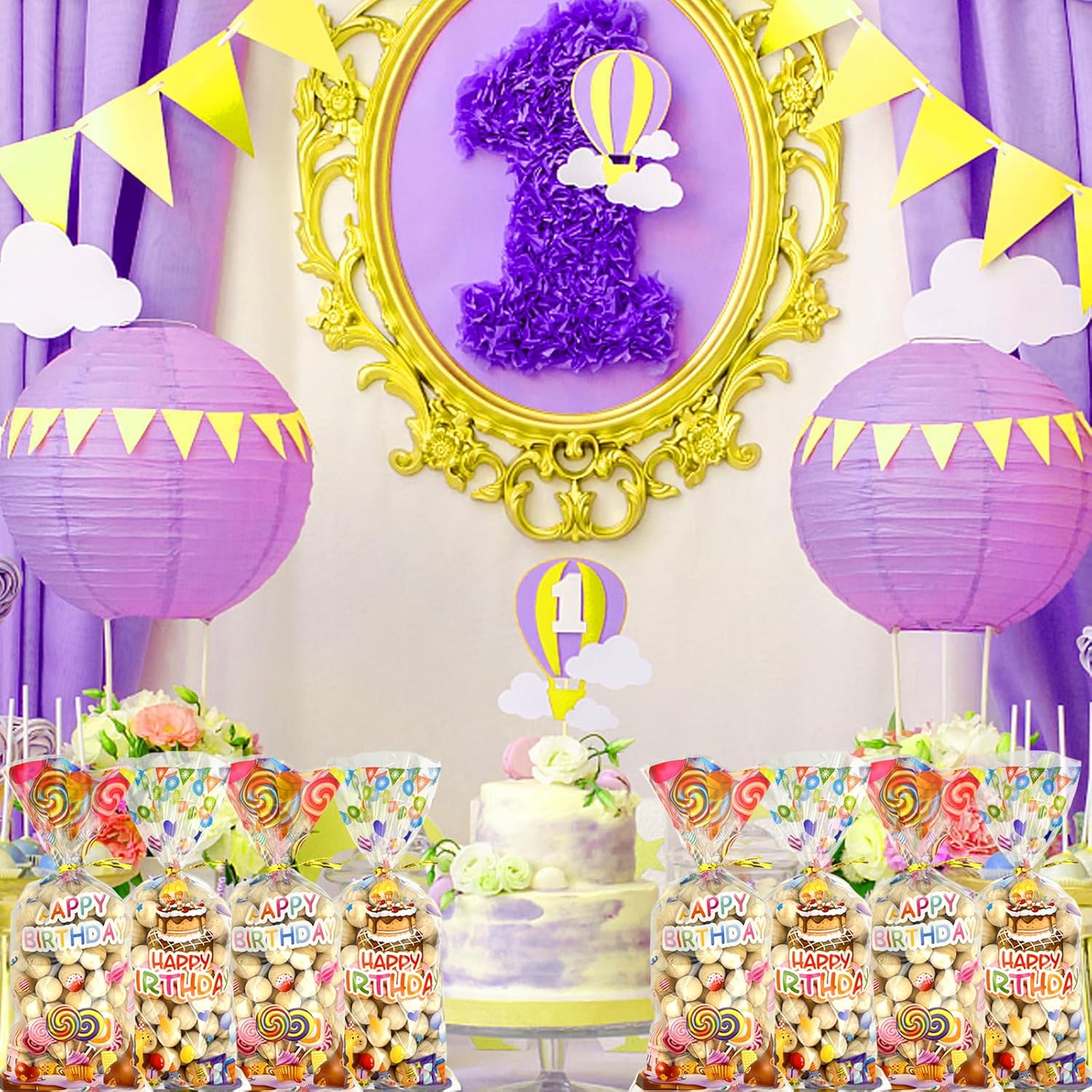 Paquete de 100 bolsas de celofán de cumpleaños para baby shower, bolsas de regalo con 100 lazos dorados para cumpleaños, baby showers, suministros