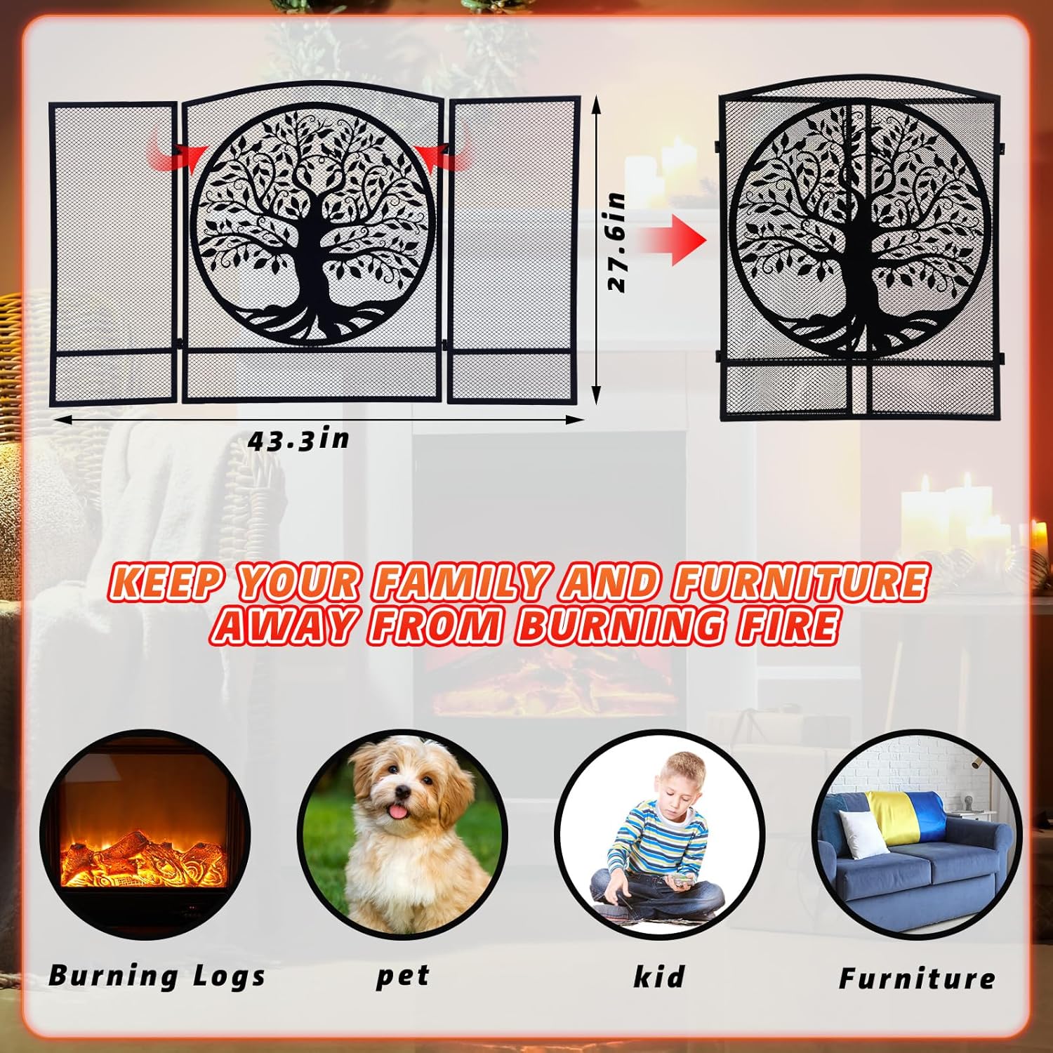 Pantalla para chimenea de cabina, malla de acero, cubierta de protección contra chispas, puerta de chimenea rústica de 3 paneles, chimenea plegable