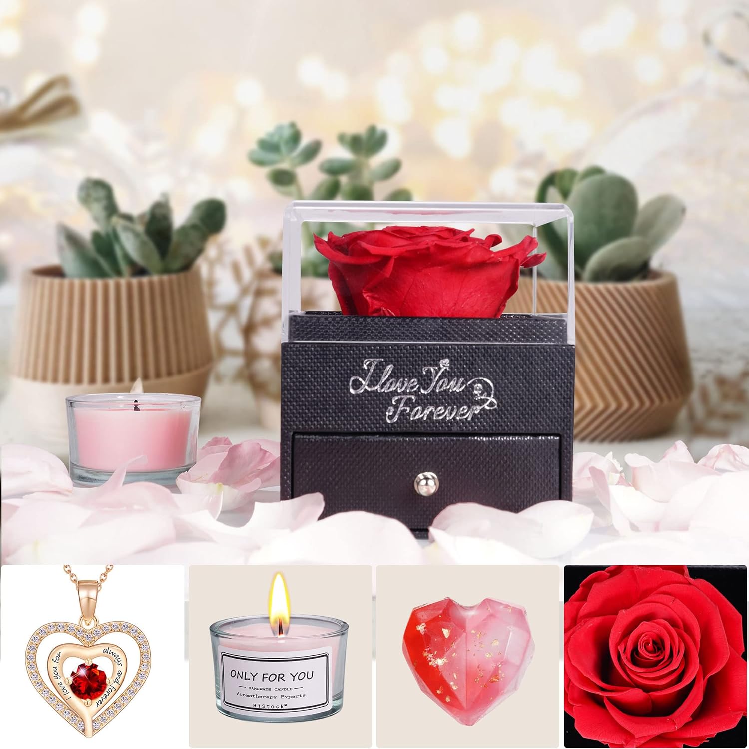 HiStock Regalos para mamá de hija, hijo, rosa roja preservada con pulseras para mujeres, regalos para mamá, esposa, novia, día de la madre, día de