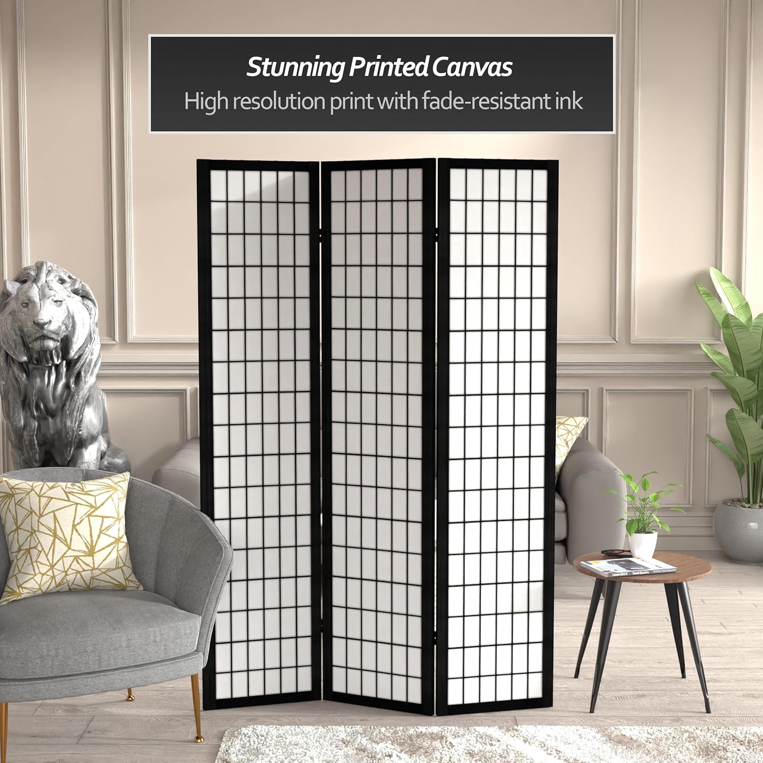 Oriental Furniture – Divisor de habitación de lona para ventana de 6 pies de alto, color negro, 3 paneles