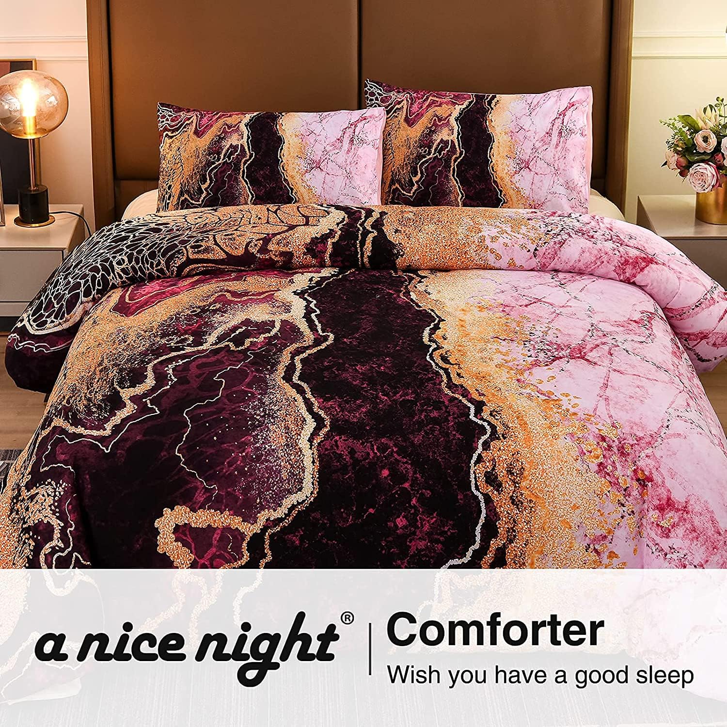A Nice Night Juego de ropa de cama con estampado de mármol como montaña ardiente, diseño de ilustraciones de acuarela de estilo retro, juego de