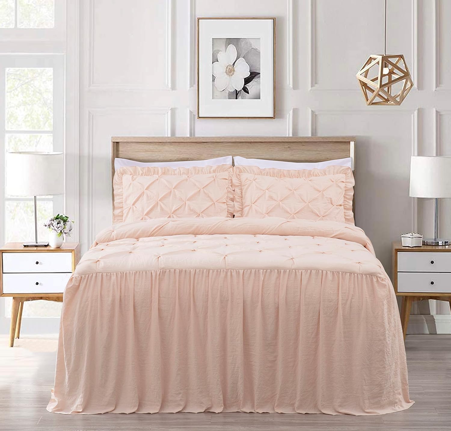 Chezmoi Collection Aria – Juego de colcha plisada de 3 piezas con falda con volantes  French Country Chic Farmhouse  California King, color rubor