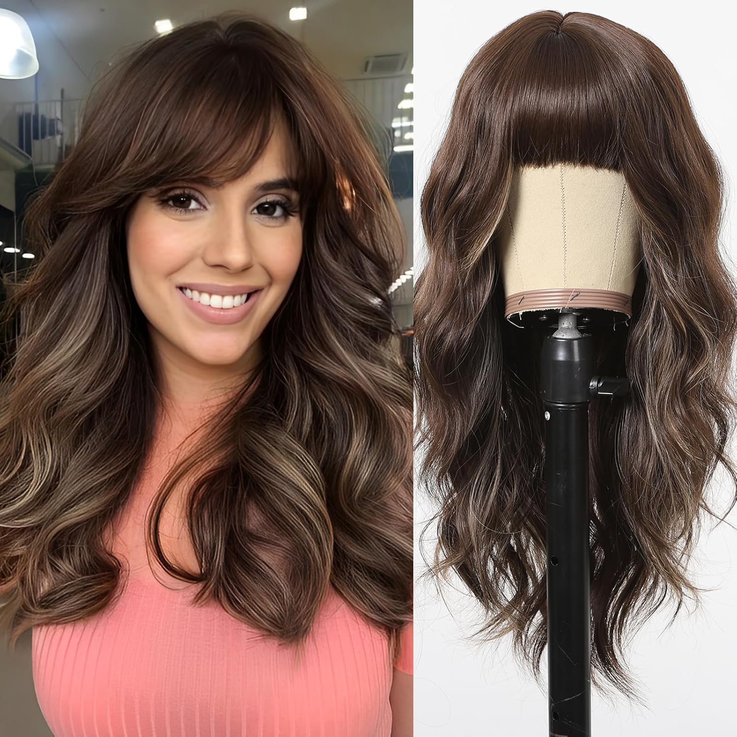 Pelucas marrones con flequillo, pelucas largas onduladas para mujeres, rubio, reflejos, peluca larga y ondulada, pelucas de pelo sintético para