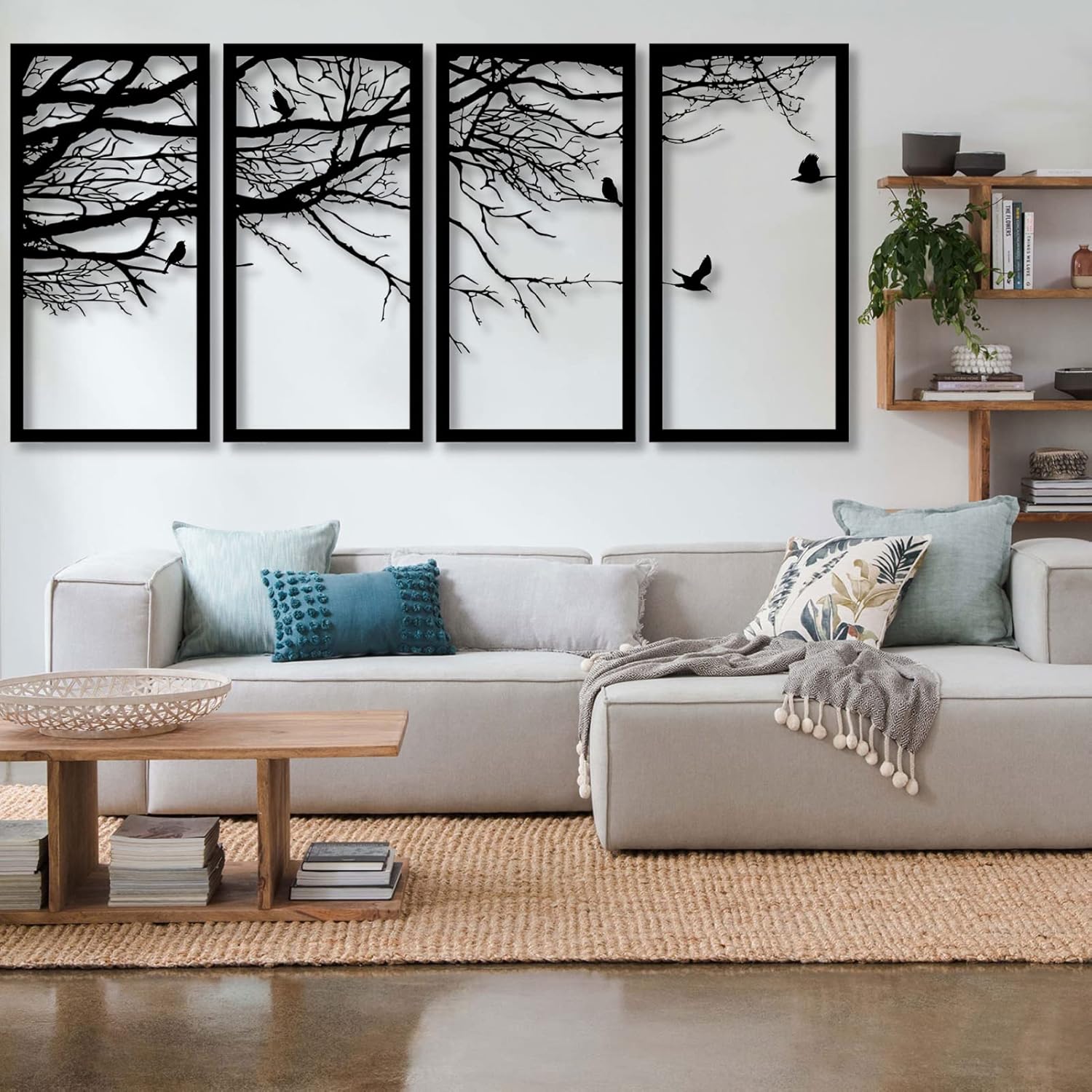 Arte de pared de metal, 4 paneles de decoración del árbol de la vida, decoración de árbol de metal, colgantes de pared de metal, letrero de árbol,