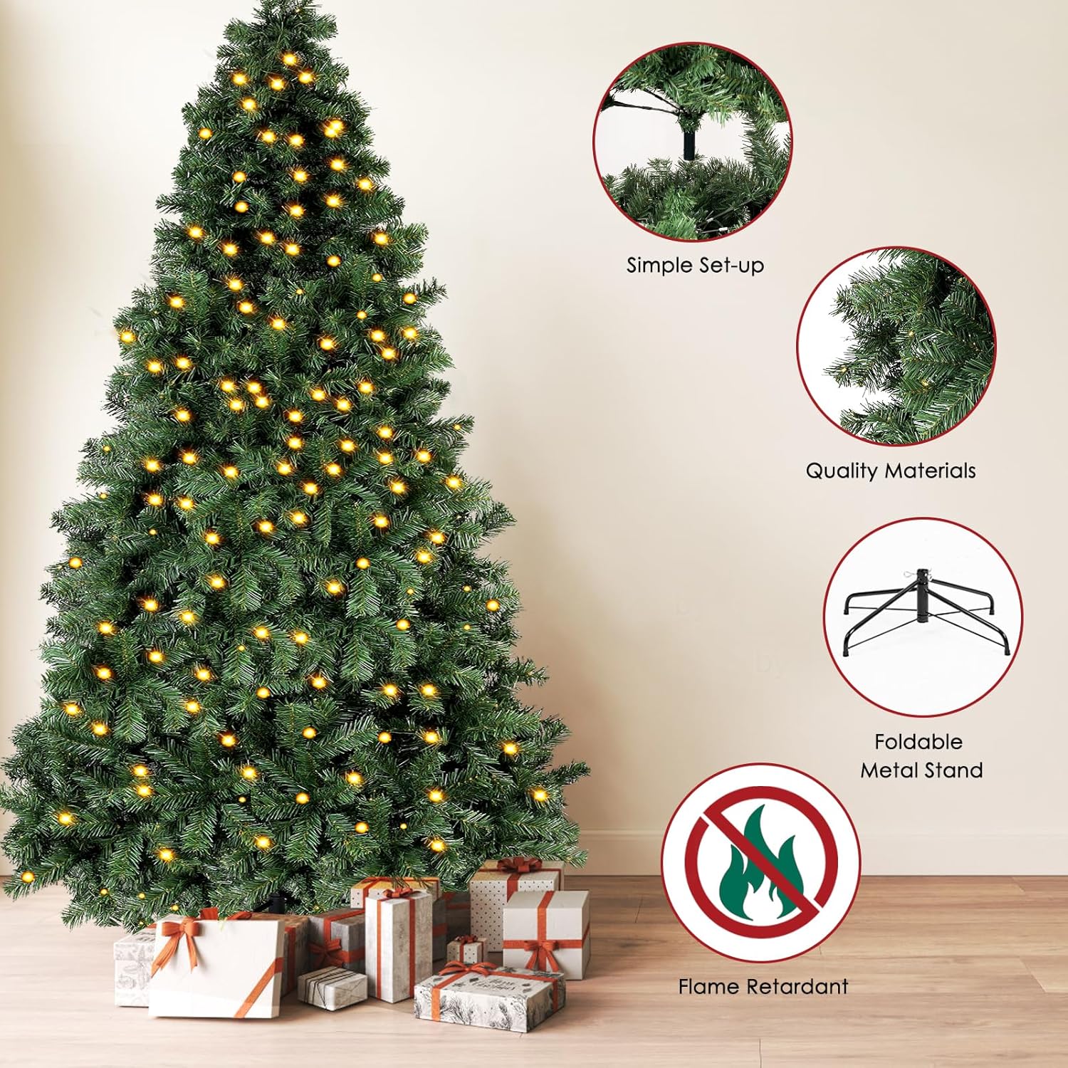 Árbol de Navidad artificial de abeto prémium de 7.5 pies para el hogar, oficina, decoración de fiesta con 1188 puntas de rama, fácil montaje,