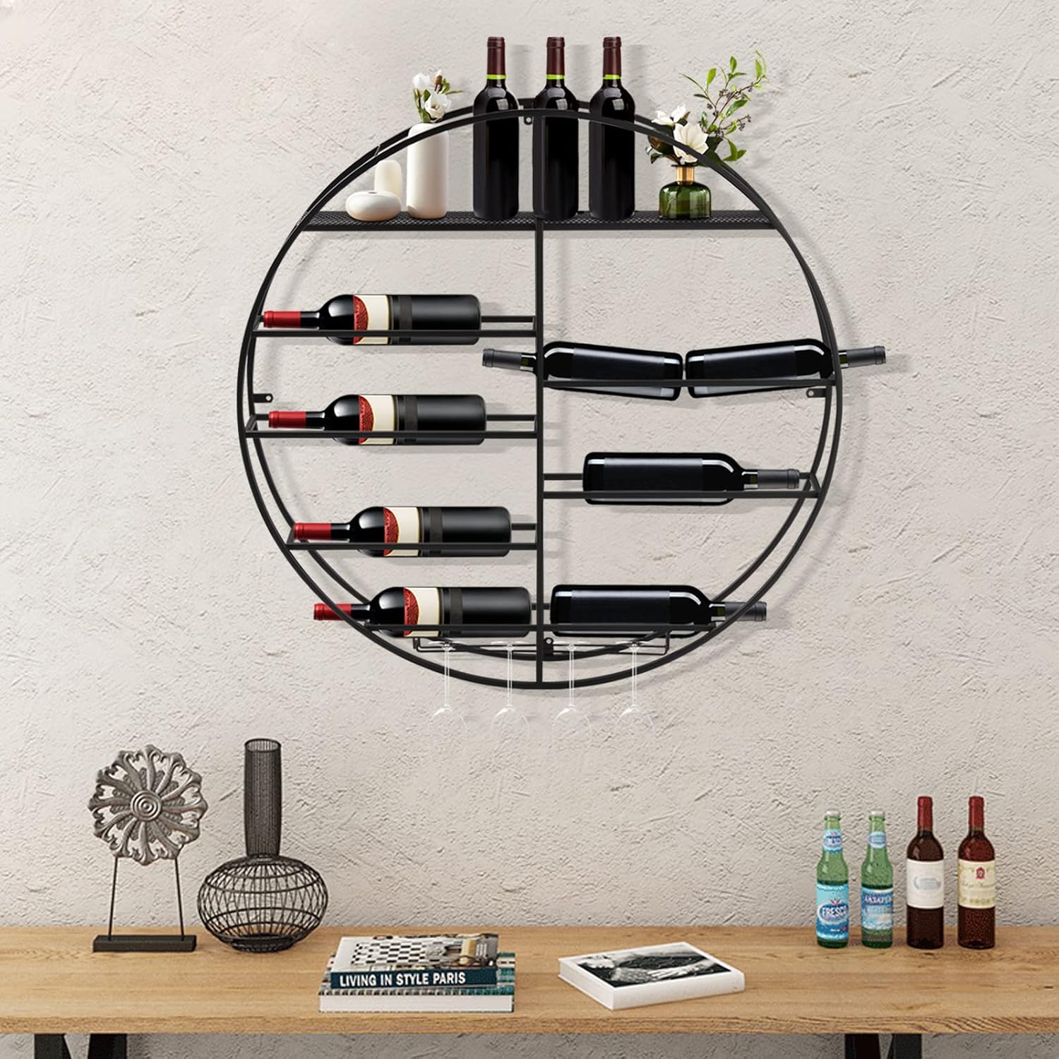 DNYSYSJ Estante para botellas de vino para 12 botellas, soporte redondo de hierro para botellas de vino, estante de licor de bar con soporte de