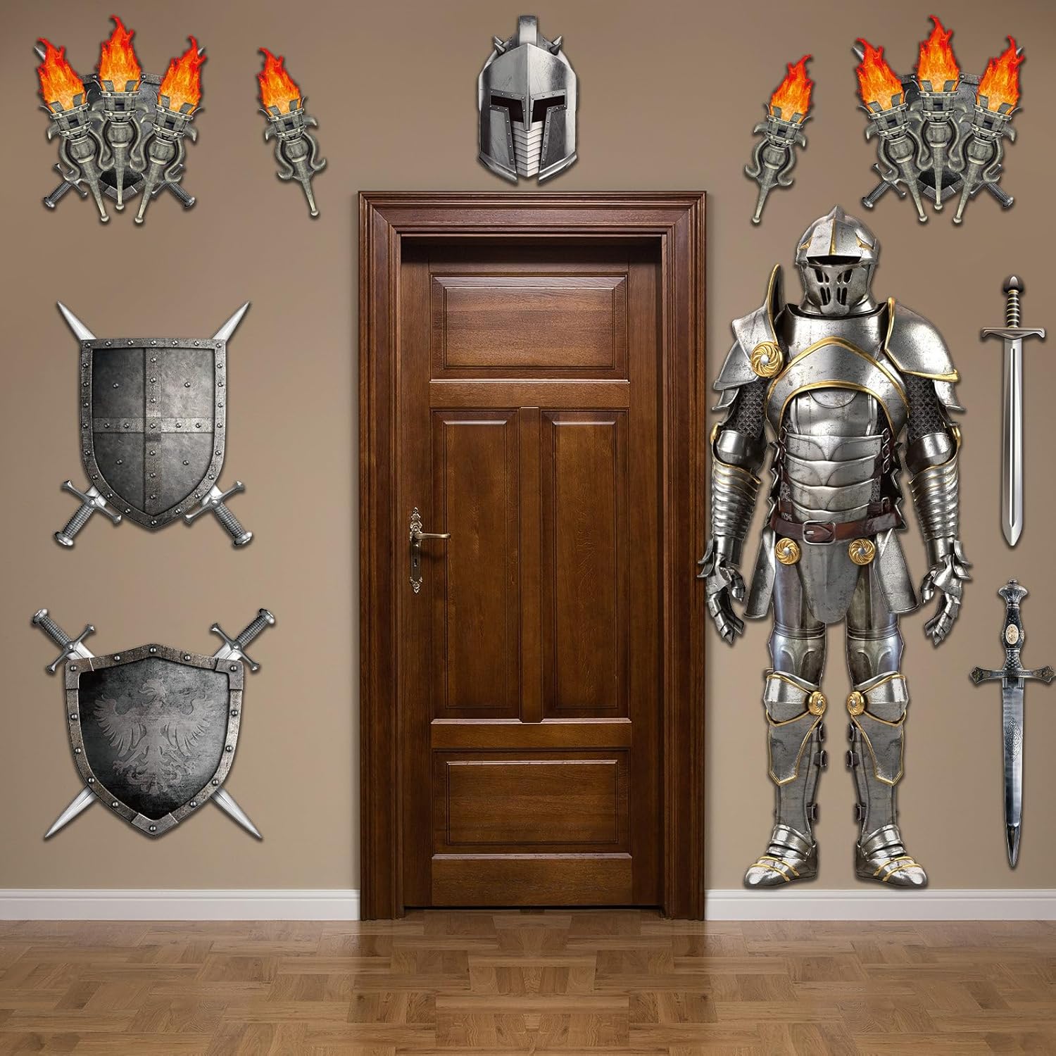 15 piezas de decoraciones medievales para fiestas de 6 pies, traje articulado de armadura de caballero recortado, accesorios de antorcha medieval