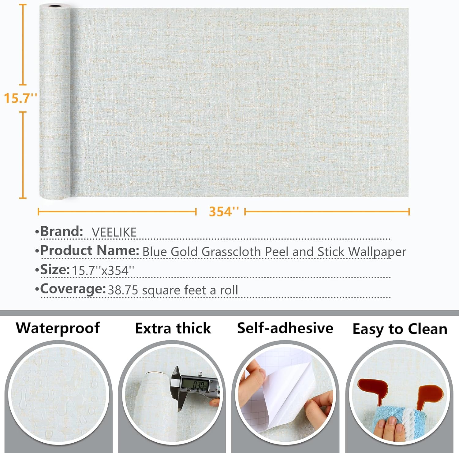 VEELIKE Papel tapiz azul dorado con textura de tela de pasto azul para dormitorio, baño, 15.7 x 354 pulgadas, papel de contacto de tela de lino azul