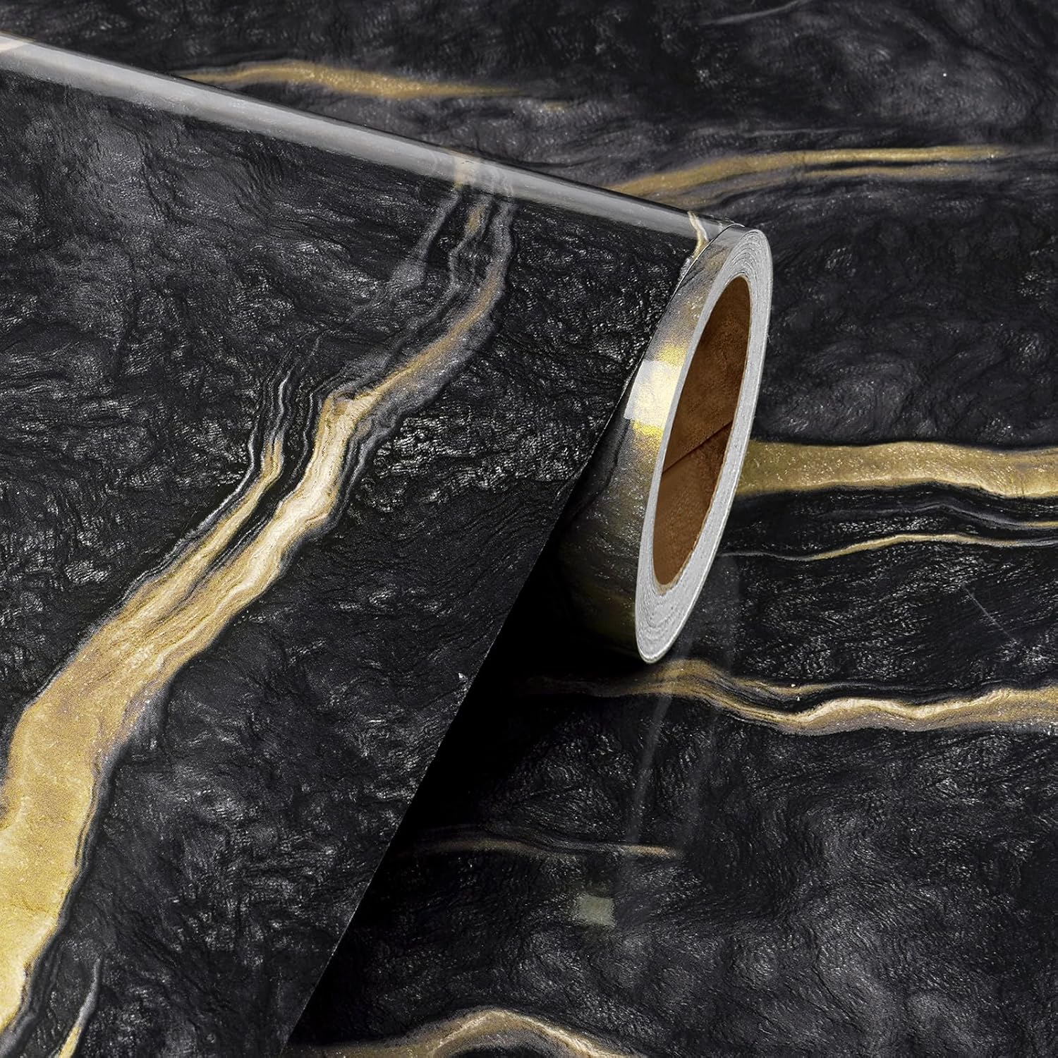 Livelynine Papel adhesivo de mármol negro y dorado para encimeras, papel tapiz de mármol impermeable, despegar y pegar, paredes de baño, cubierta de